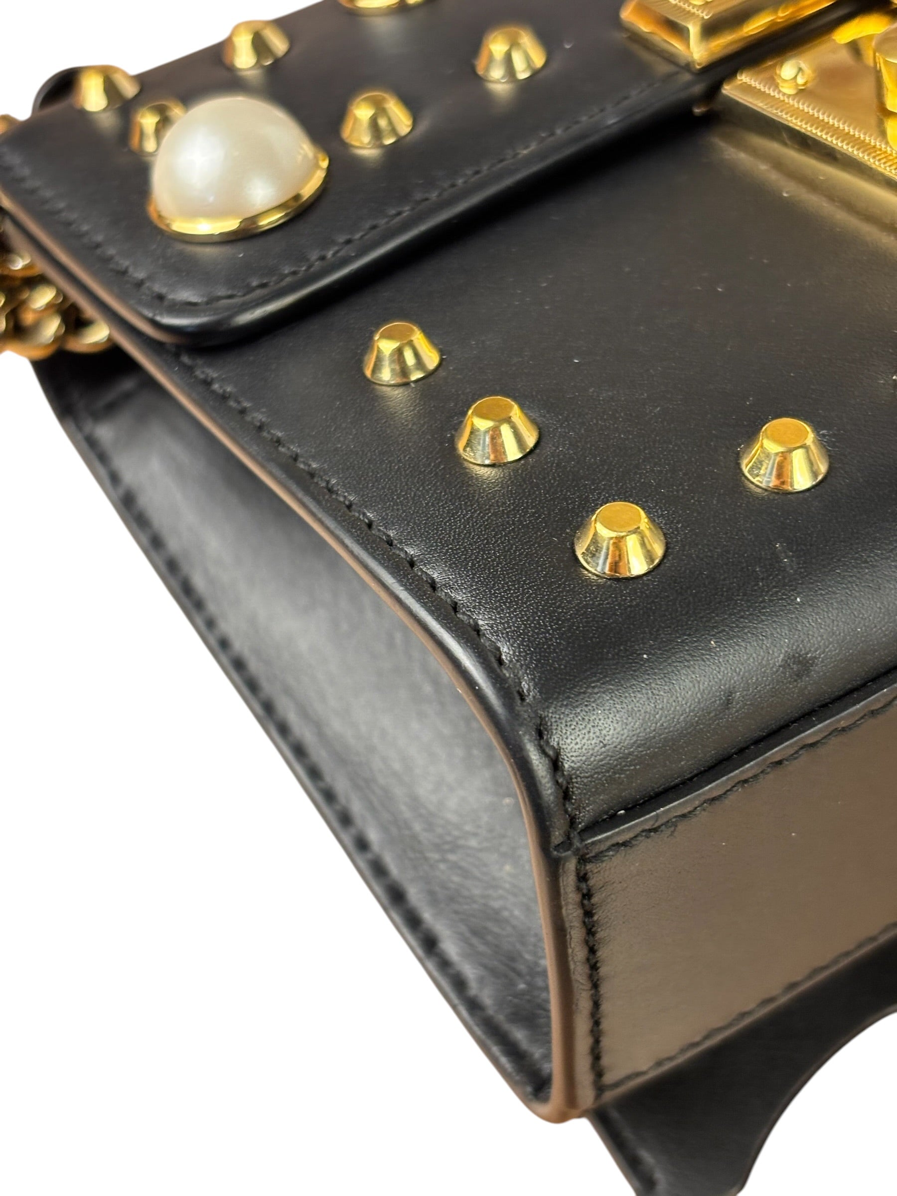 Gucci Small Pearl Studded Leather Padlock Crossbody Black