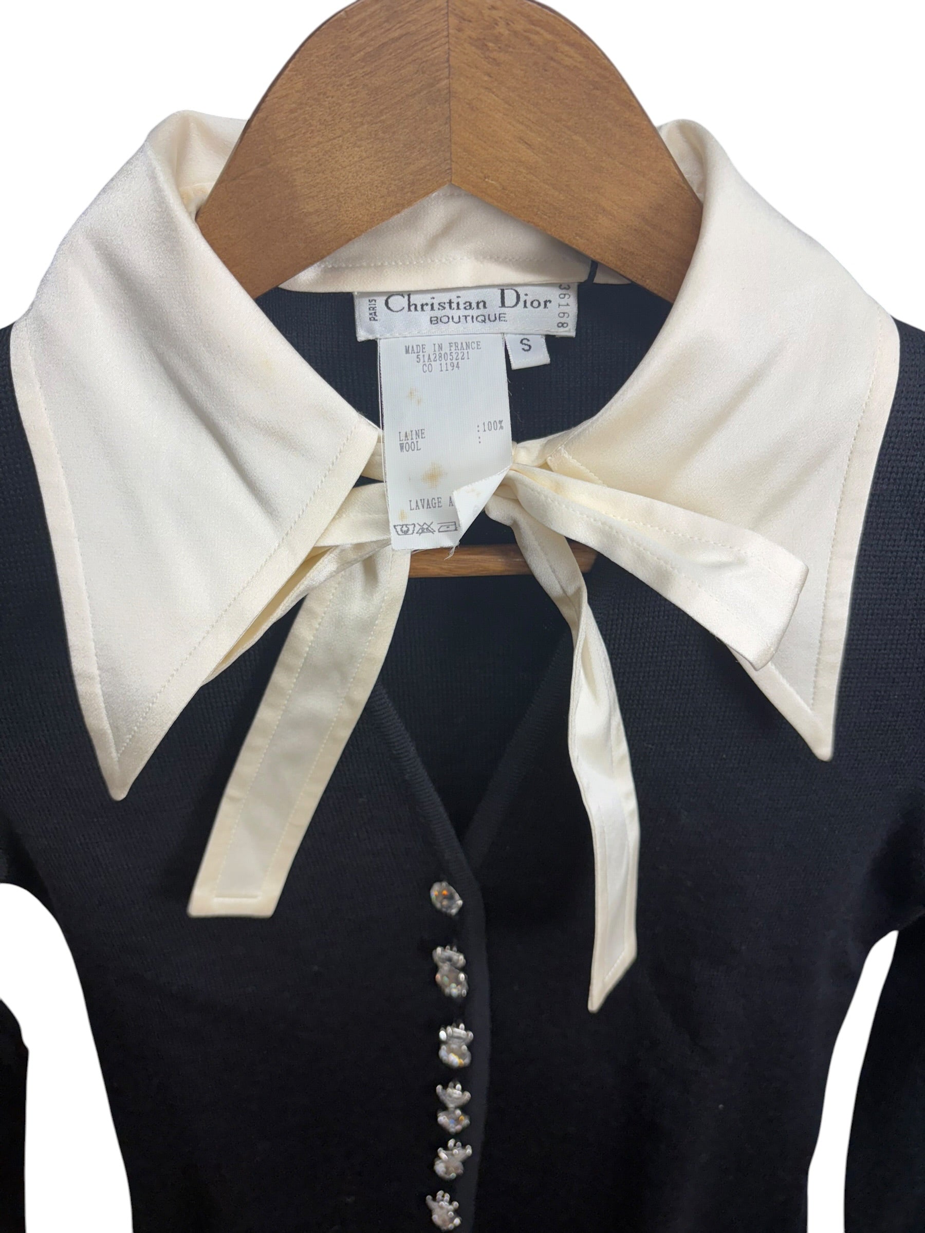 Christian Dior Black White Butterfly Collar Bow Tie Crystal Buttons Shirt
