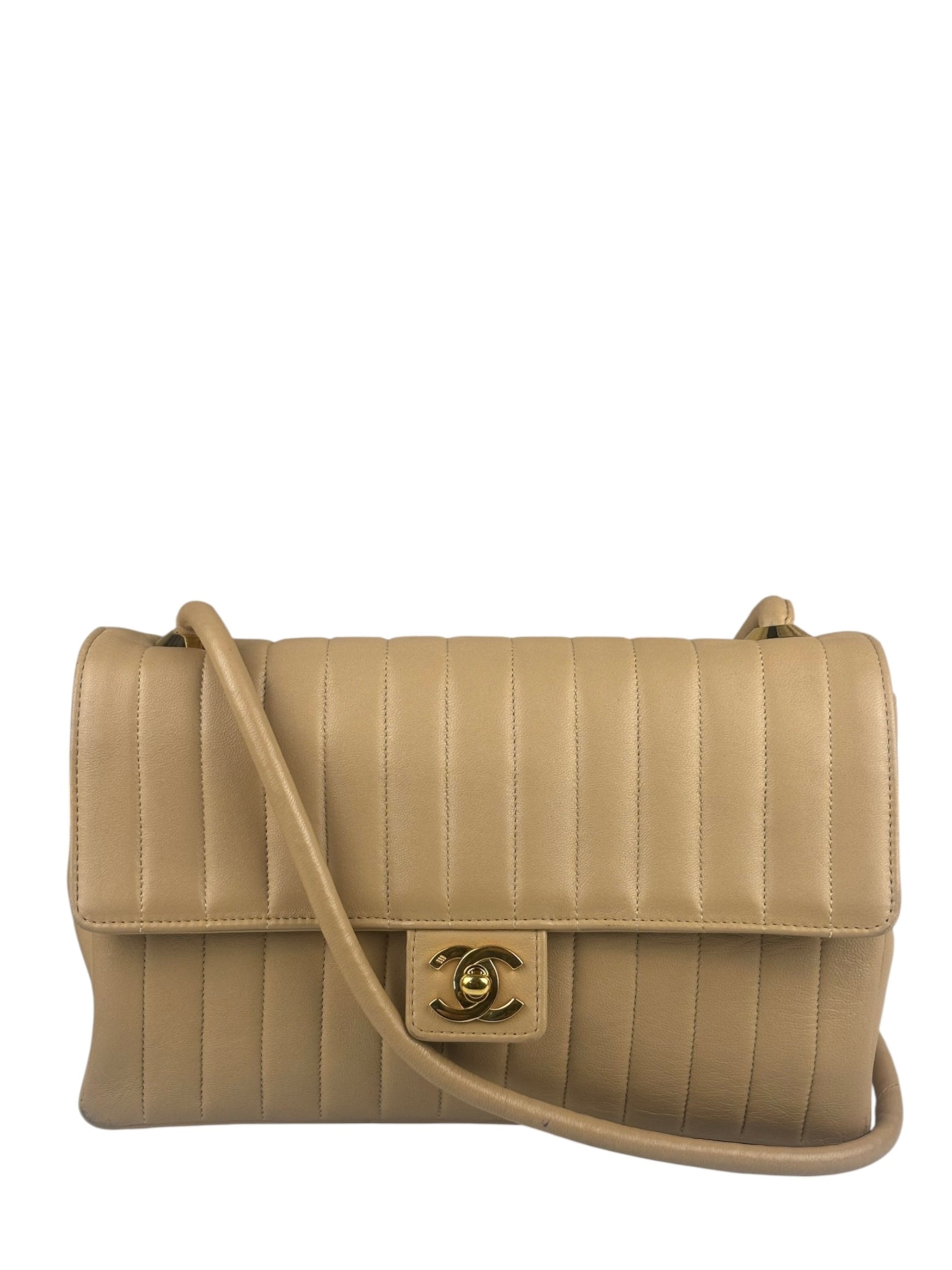 Chanel Vintage Tan Vertical Quilt Flap Shoulder Bag 1989