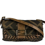 Fendi Vintage Brown Leather Trim Zucca Whipstitch XL Baguette
