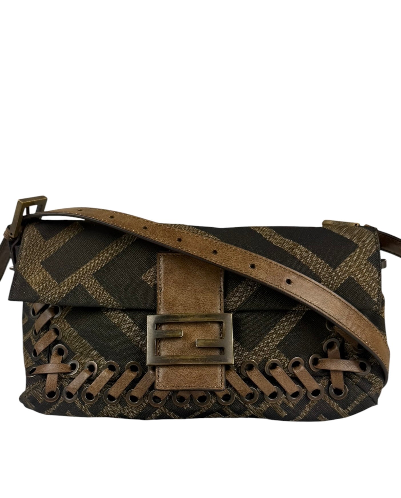 Fendi Vintage Brown Leather Trim Zucca Whipstitch XL Baguette