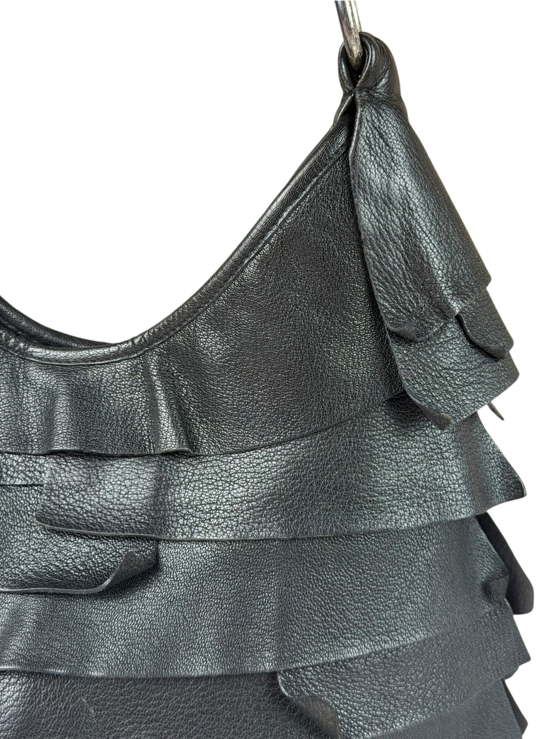 Yves Saint Laurent Black Leather St. Tropez Ruffled Hobo Bag
