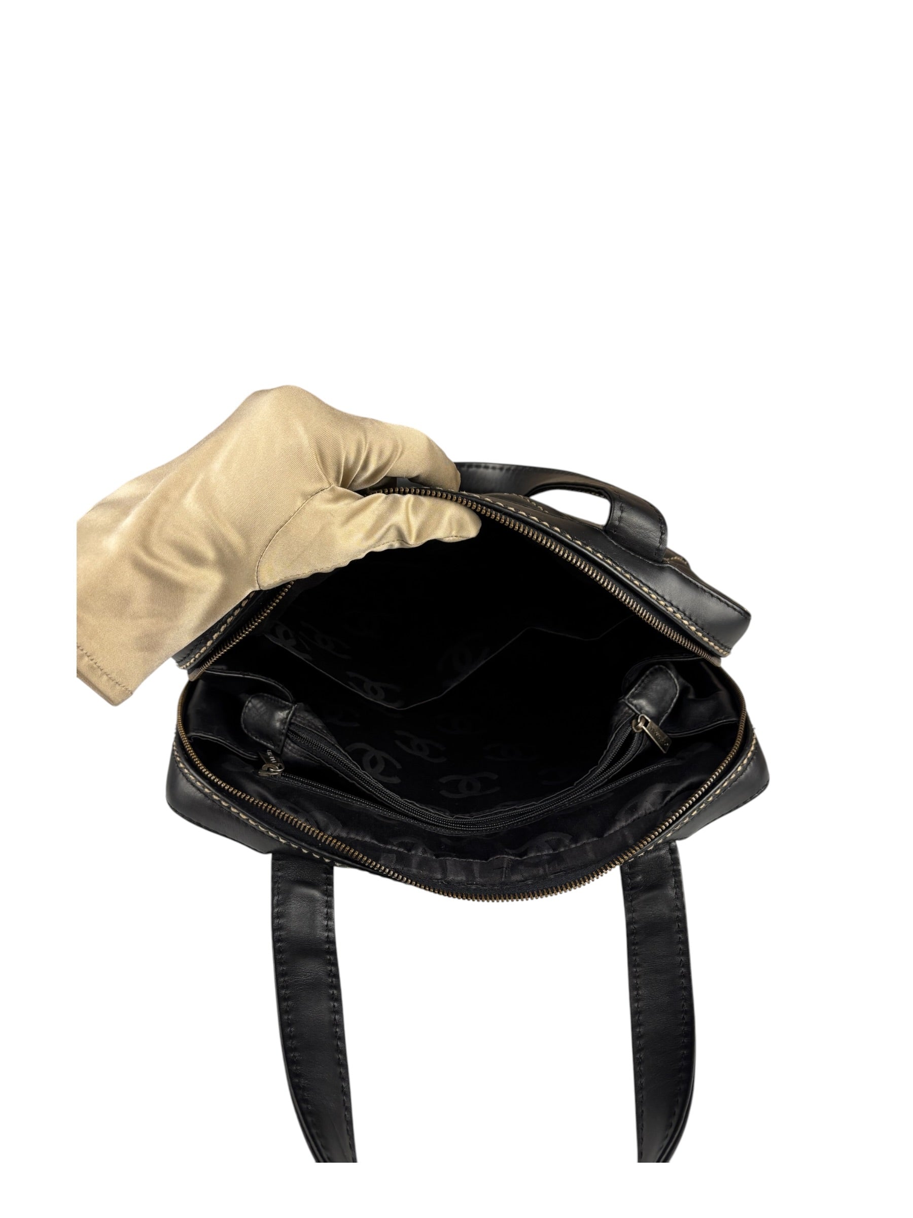 Chanel Vintage Black Leather Wild Stitch Bowler Handbag 2001