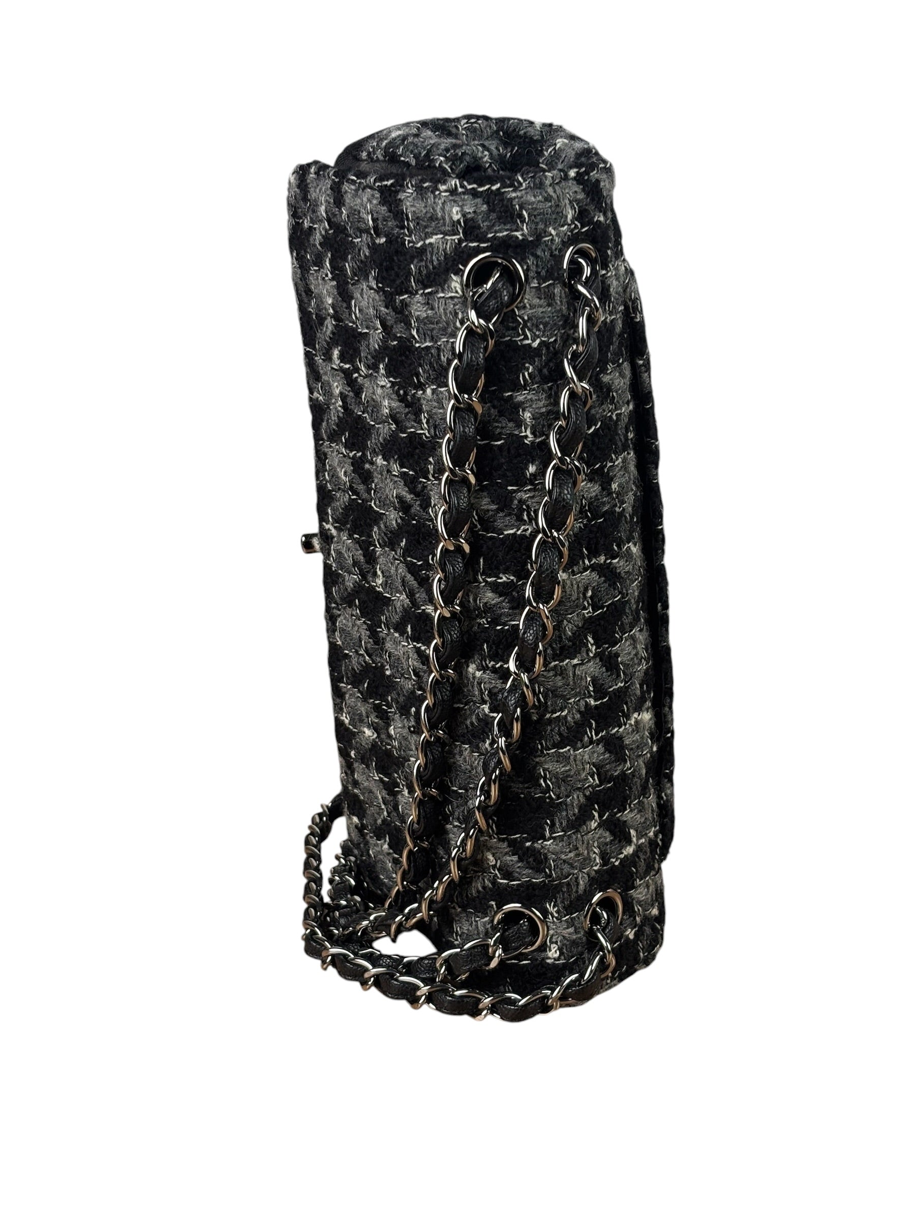 Chanel Black Tweed/Caviar Leather Houndstooth Double Flap Bag 2017