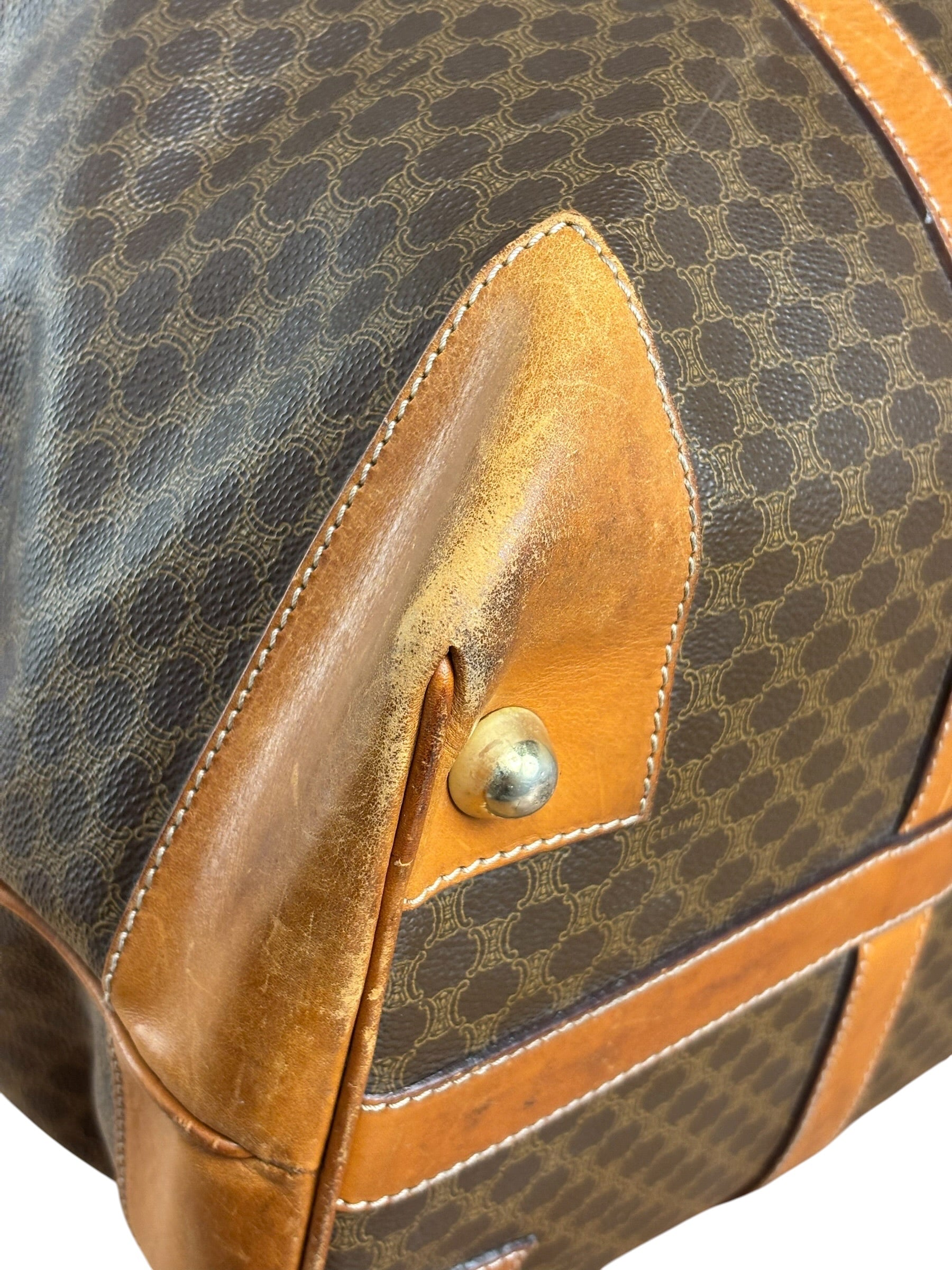 Celine Brown Leather Canvas Macadam Travel Handbag
