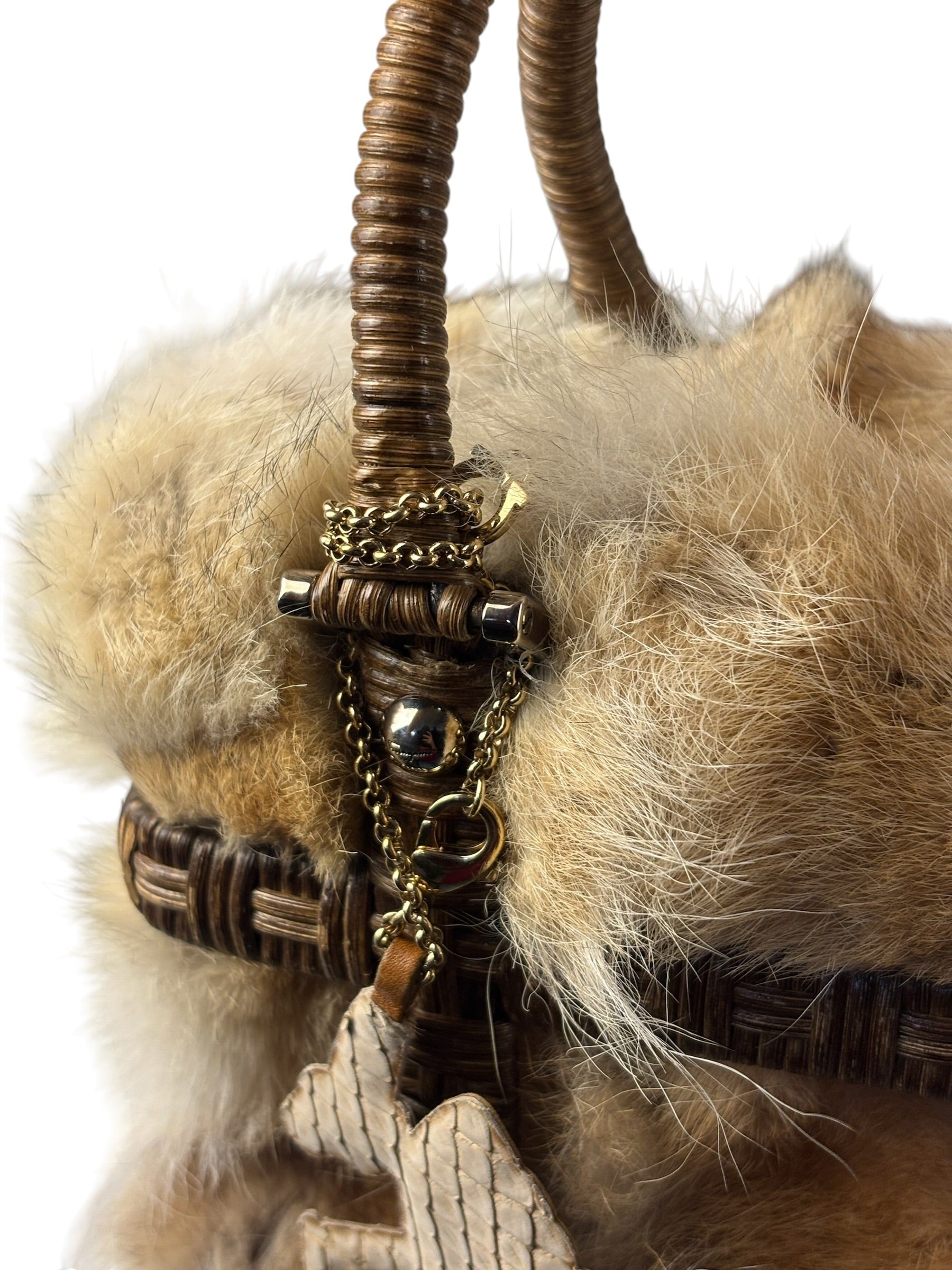 Ferragamo Vintage Fur Rattan Top Handle Bag