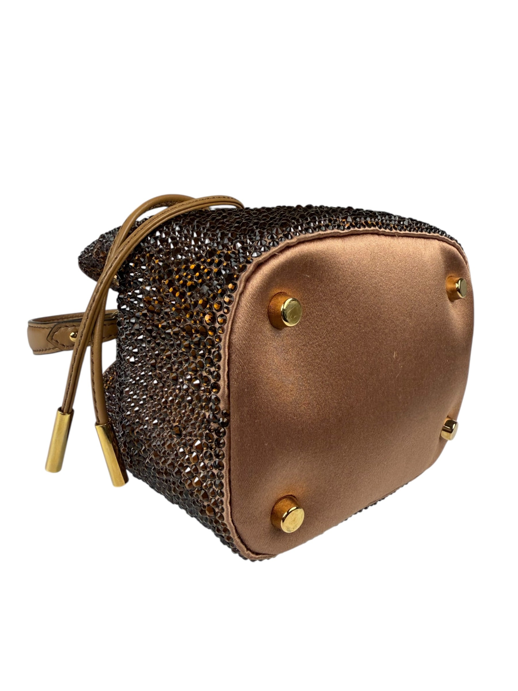 Versace La Medusa Brown Satin Crystal Embellished Mini Bucket Bag
