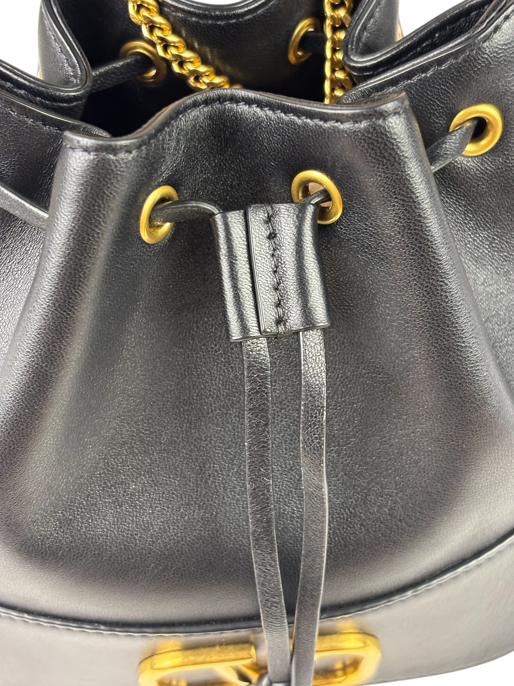 Valentino Black Leather Garavani Mini V Logo Signature Bucket Bag