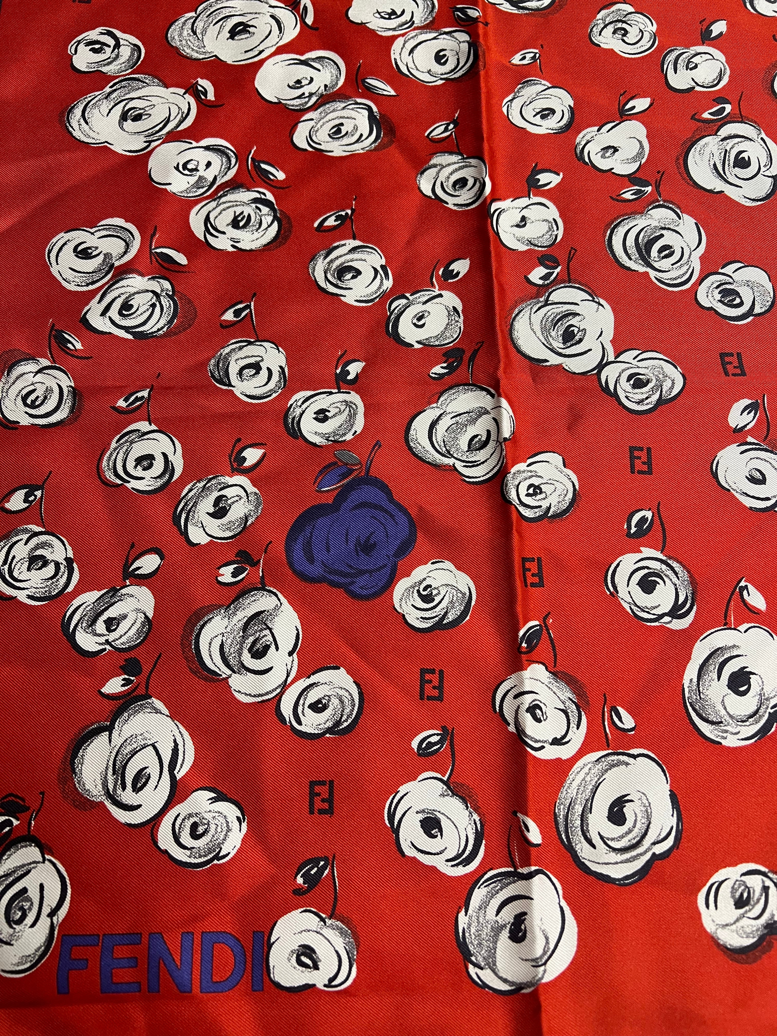 Fendi Red Rose Patterned Silk Scarf