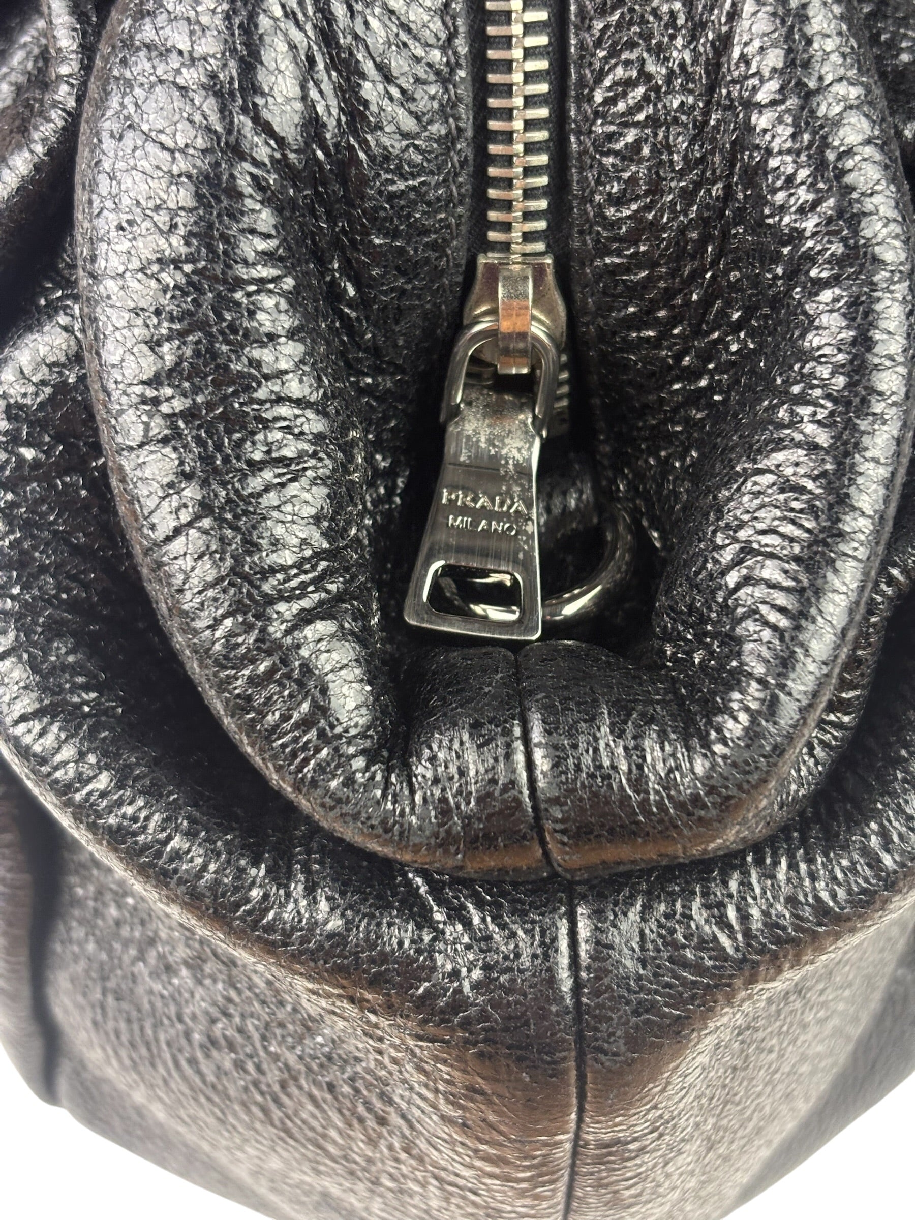 Prada Shiny Black Cervo Pleated Shoulder Bag
