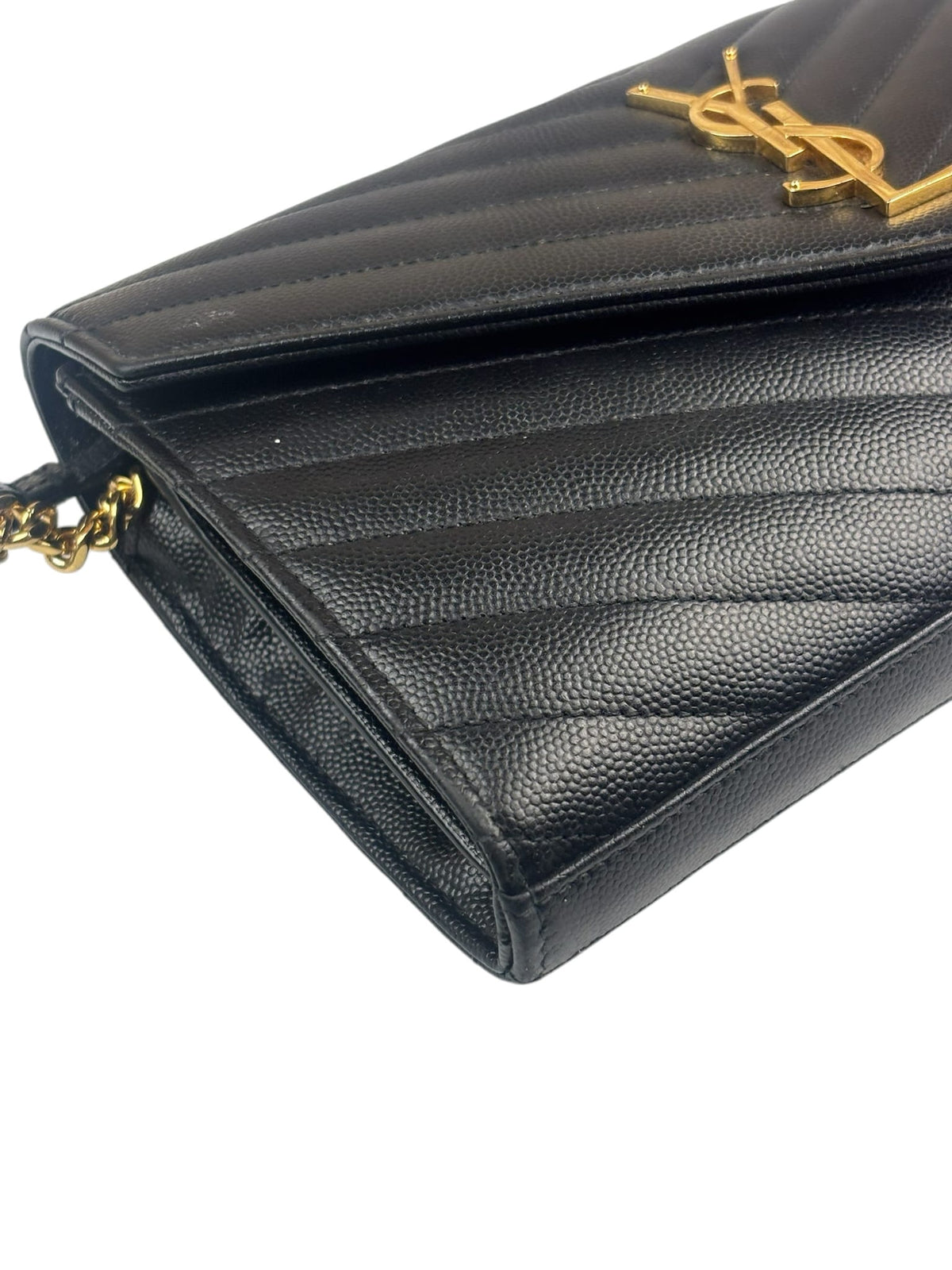YSL Black Pebbled Matelassè Envelope Chain Wallet On Chain