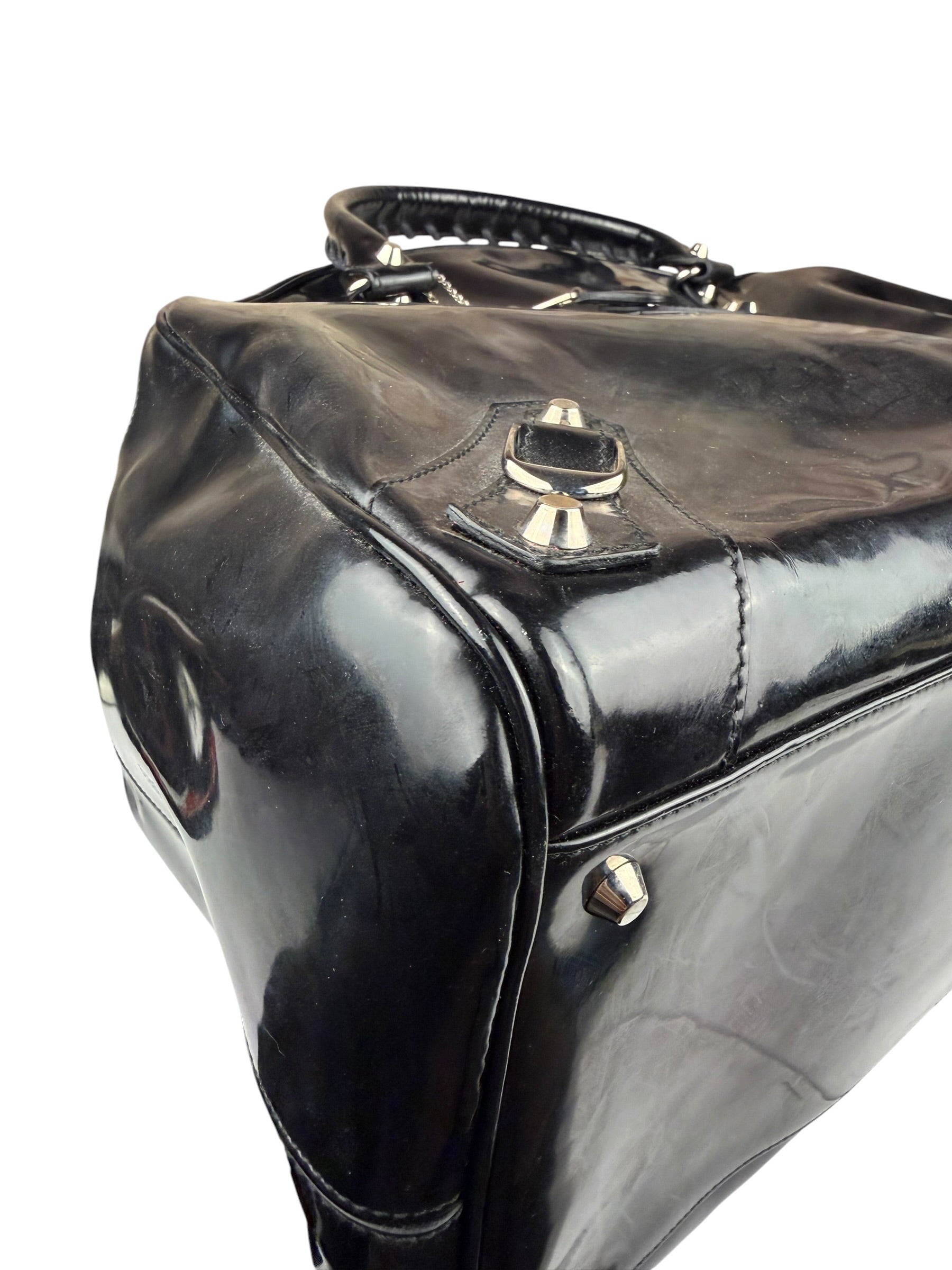 Balenciaga Black Patent Leather Weekender Handbag