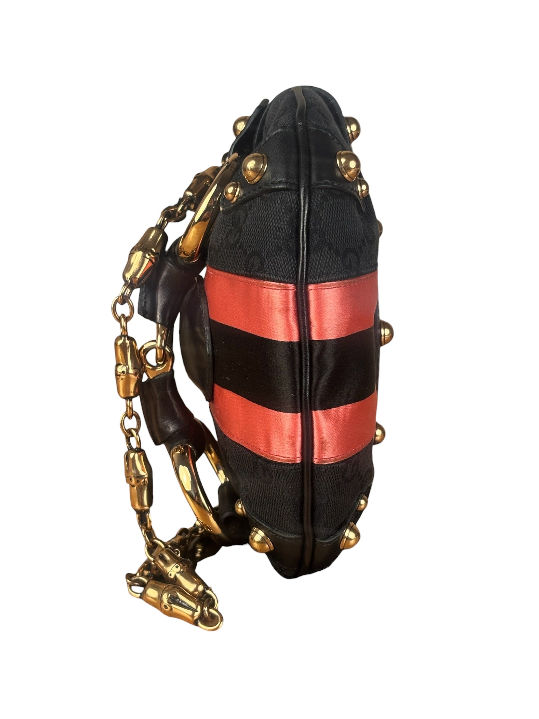 Gucci GG Black/Pink Canvas Horsebit Chain Shoulder Bag