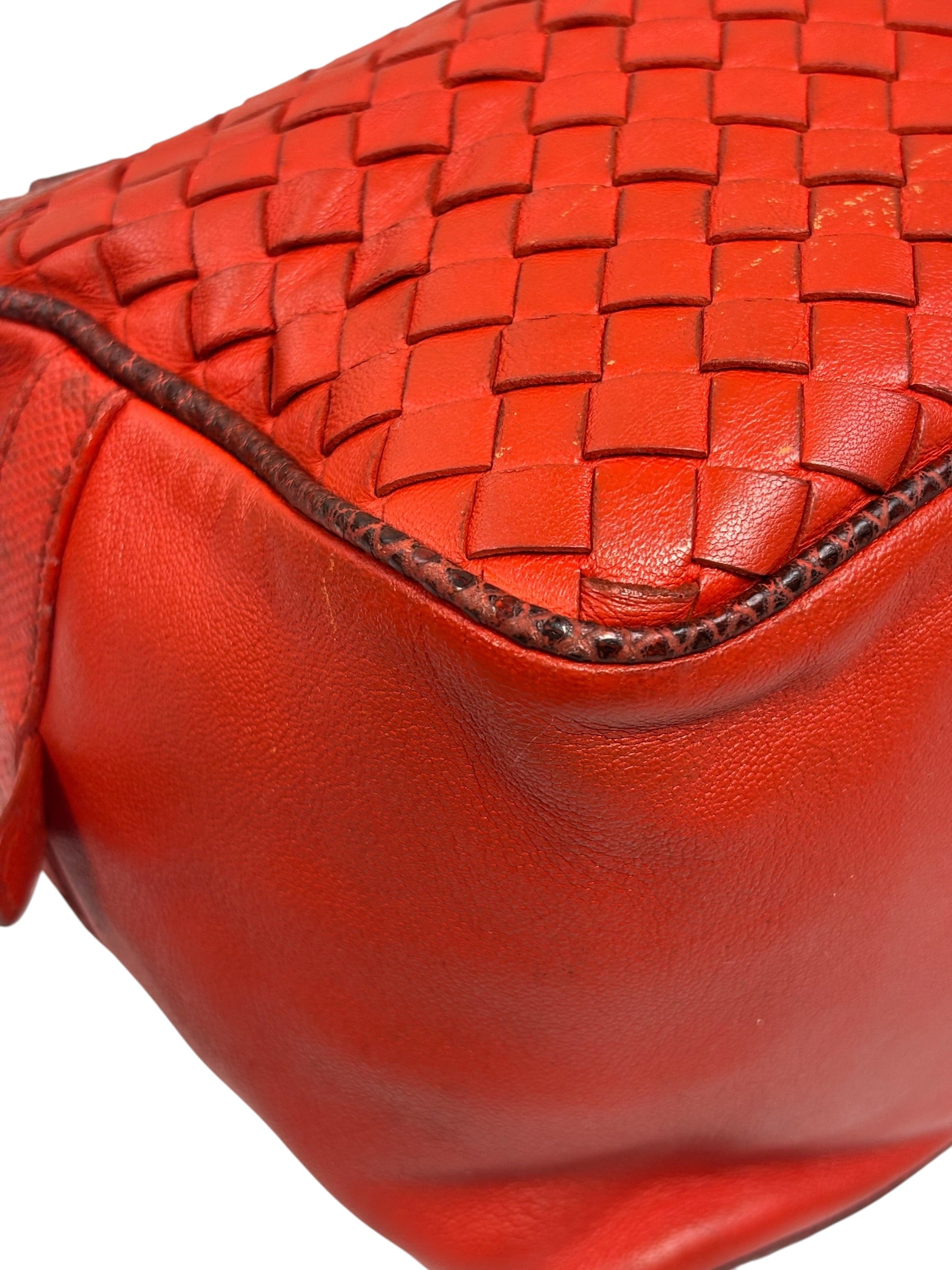 Bottega Veneta Red Lambskin/Lizard Intrecciato Shoulder Bag