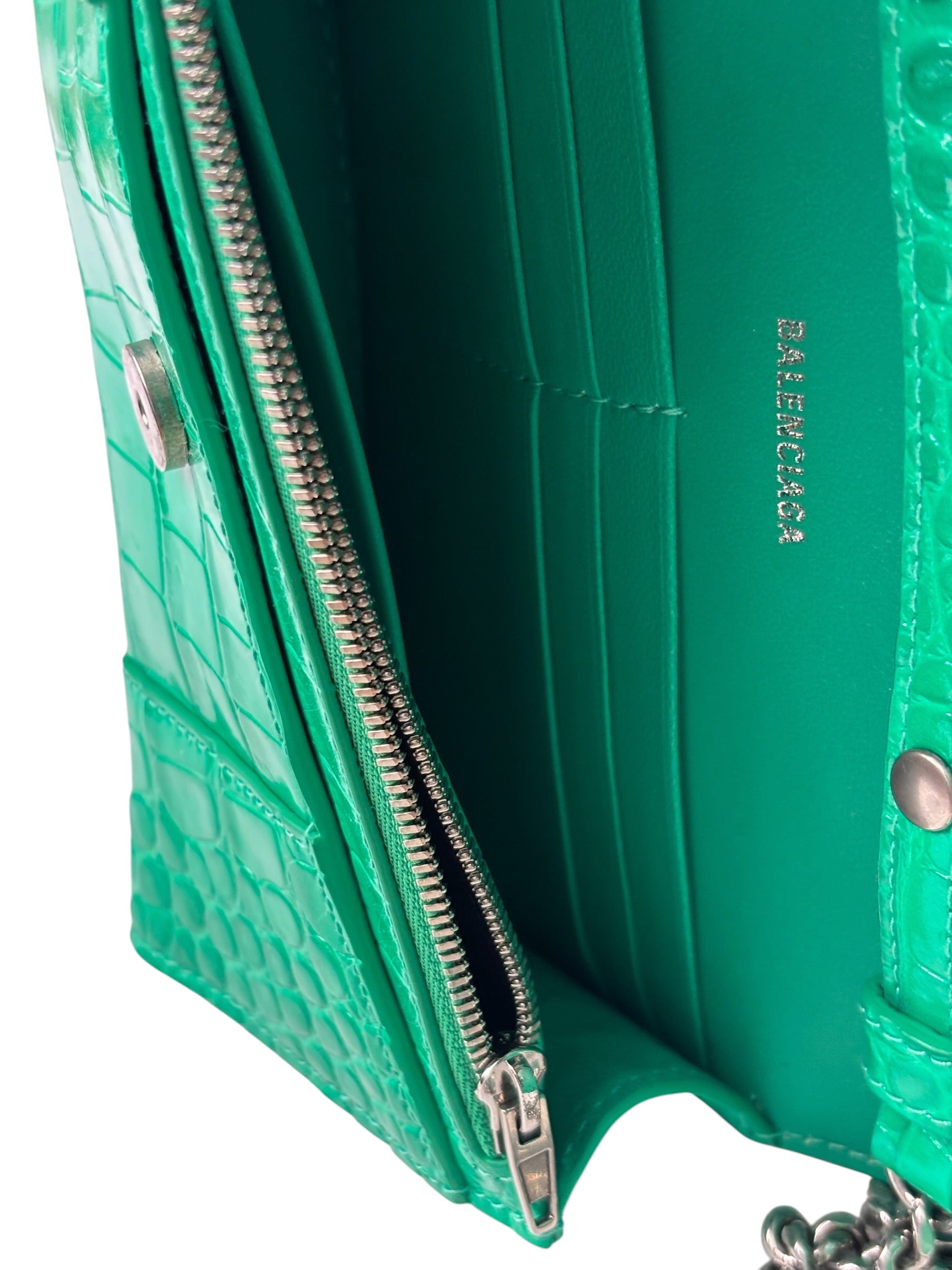 Balenciaga Green Crocodile Embossed Hourglass Wallet On Chain