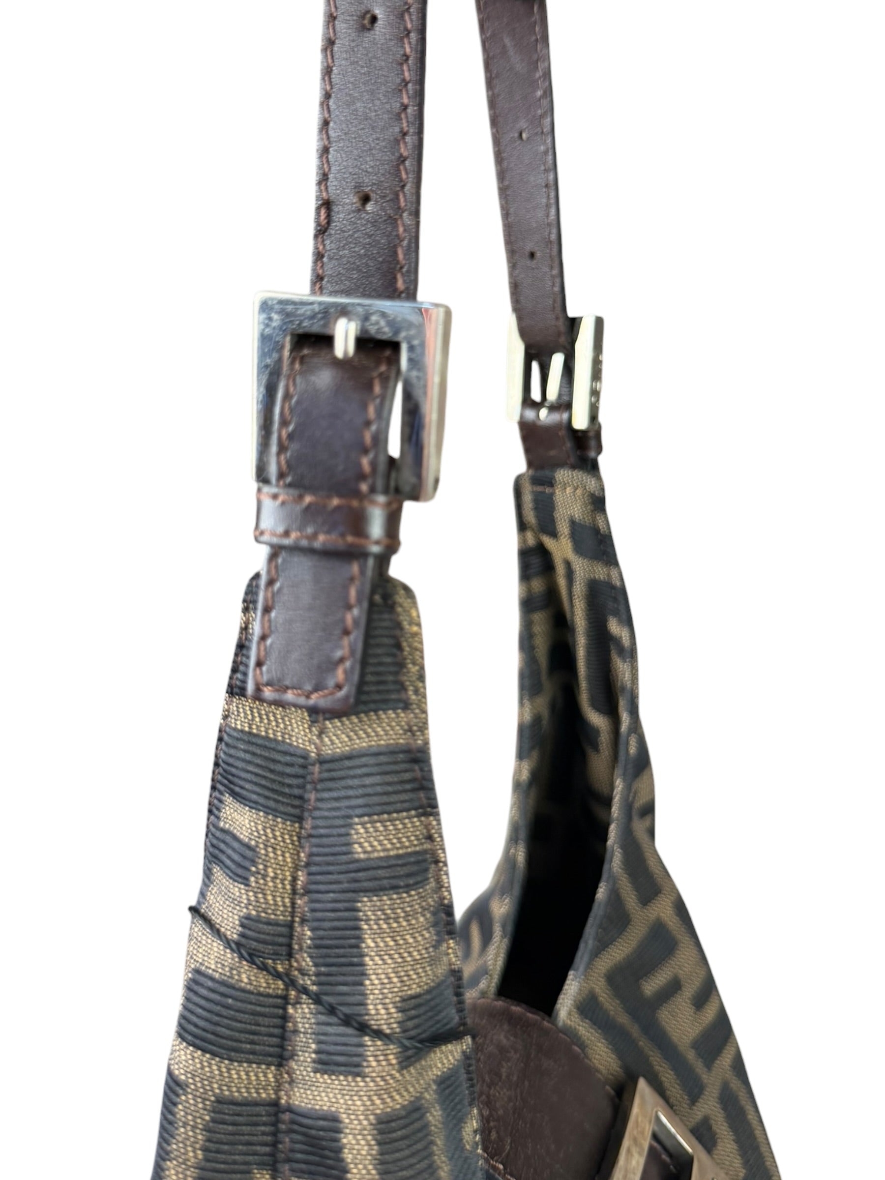 Fendi Brown Leather Trim Zucca Hobo Baguette