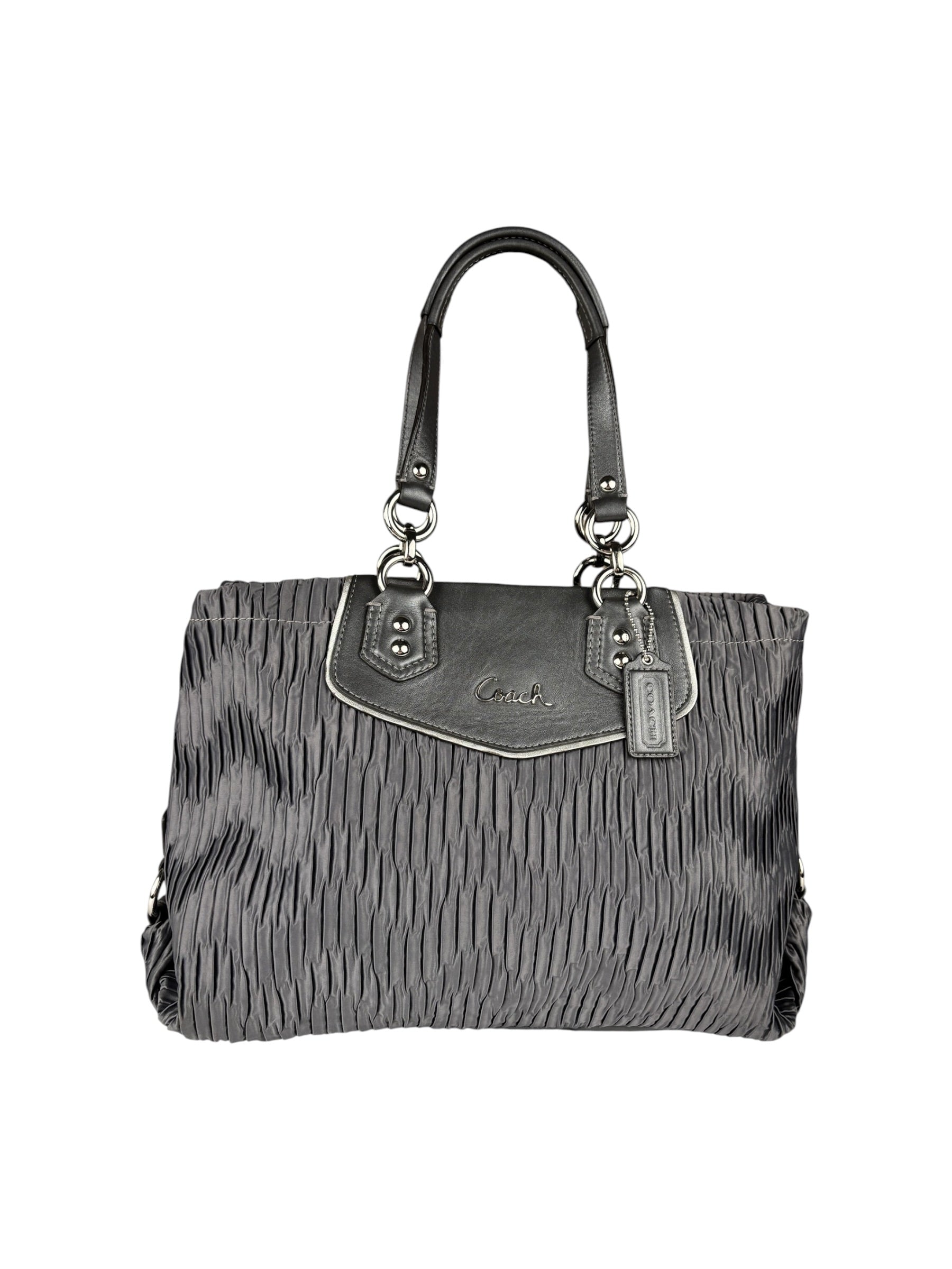 Coach Vintage Metallic Grey Leather Ashley Gathered Sateen Satchel Shoulder Bag