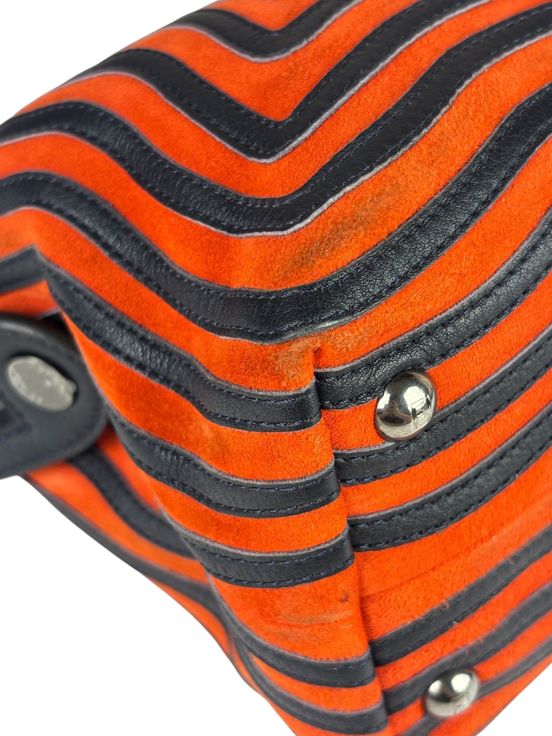 Fendi Navy/Red Leather Trim/Suede Dotcom Striped Two-Way Bag