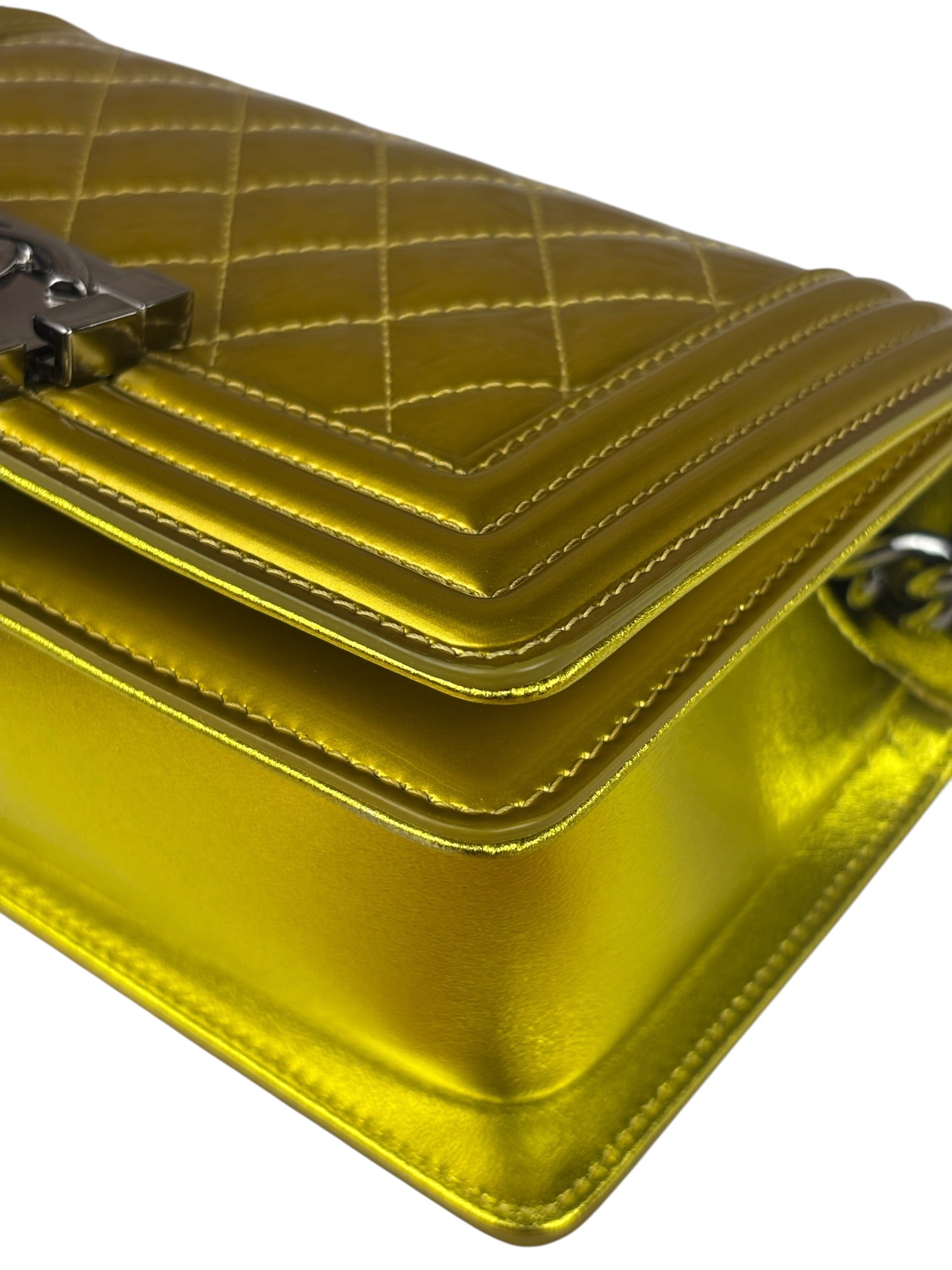 Chanel Metallic Yellow Quilted Patent Leather Mini Boy Flap Bag 2014