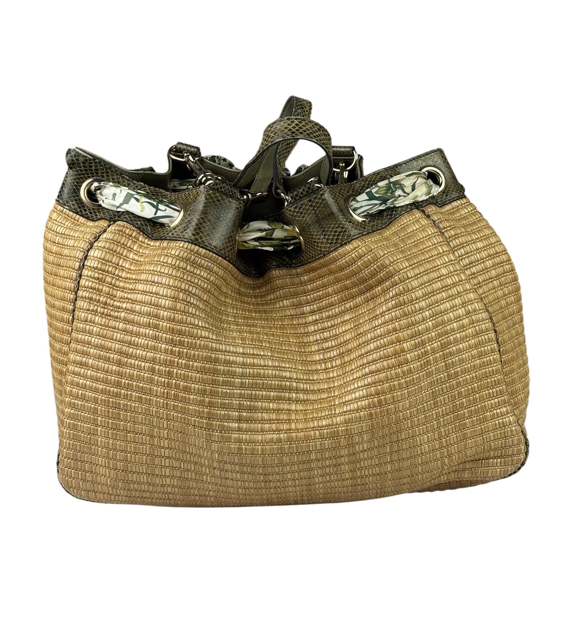 Gucci Brown Snakeskin Trim Large Raffia Positano Tote