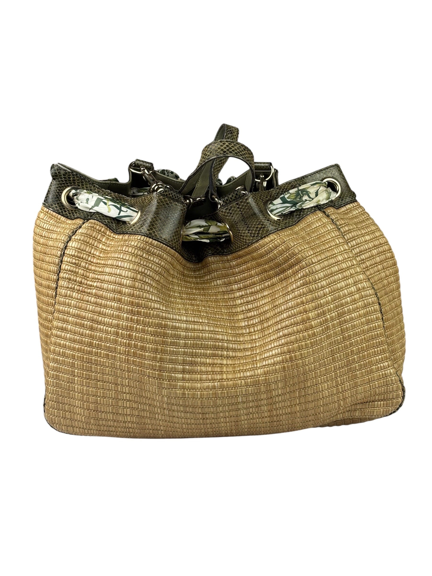 Gucci Brown Snakeskin Trim Large Raffia Positano Tote