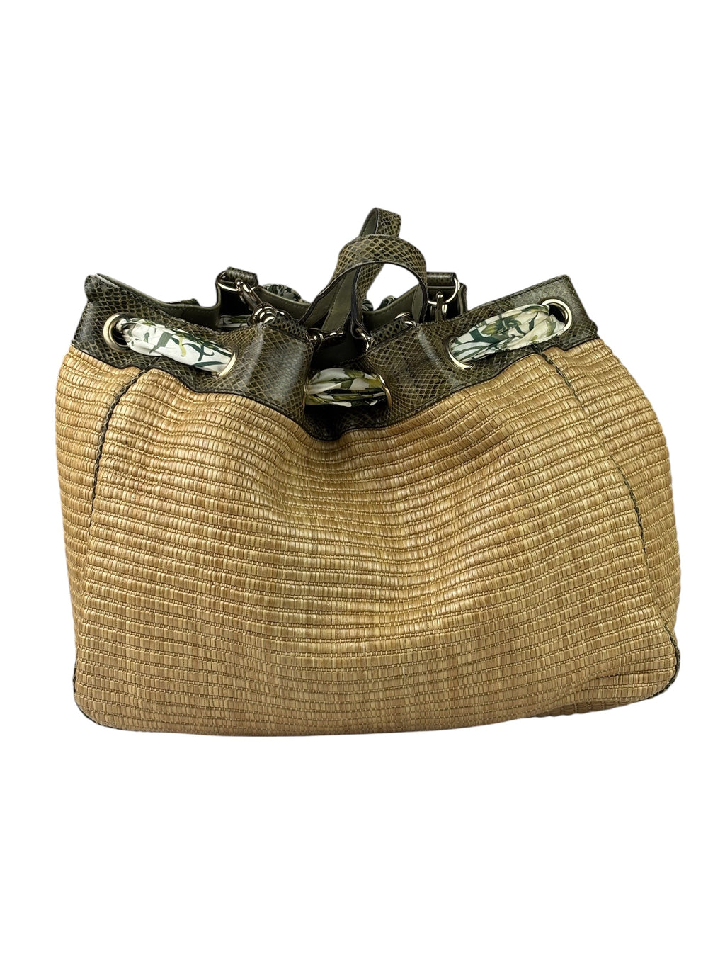 Gucci Brown Snakeskin Trim Large Raffia Positano Tote