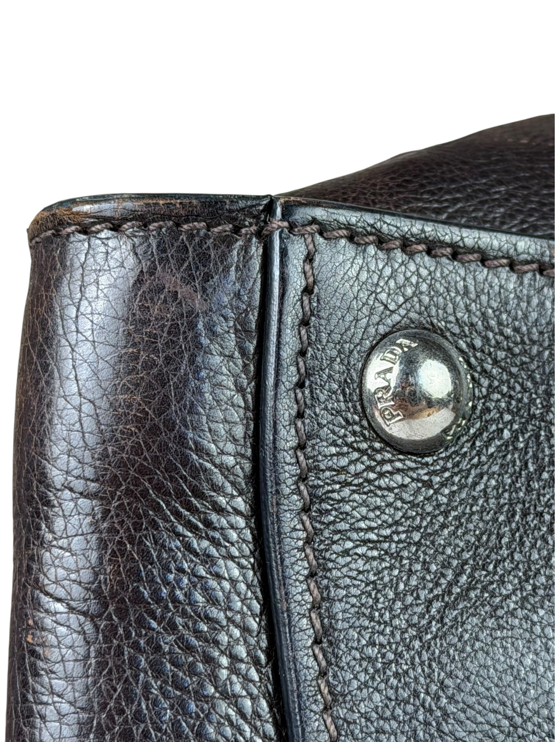 Prada Dark Brown Calf Leather Glace Twin-Pocket Tote