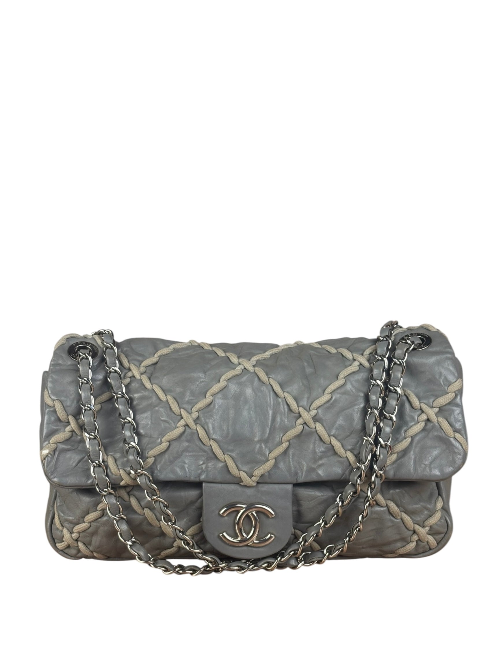 Chanel Grey Leather Ultra Stitch Classic Flap Shoulder Bag 1990