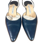 Manolo Blahnik Navy Blue Leather Slingback Kitten Heels