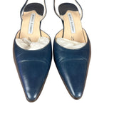 Manolo Blahnik Navy Blue Leather Slingback Kitten Heels