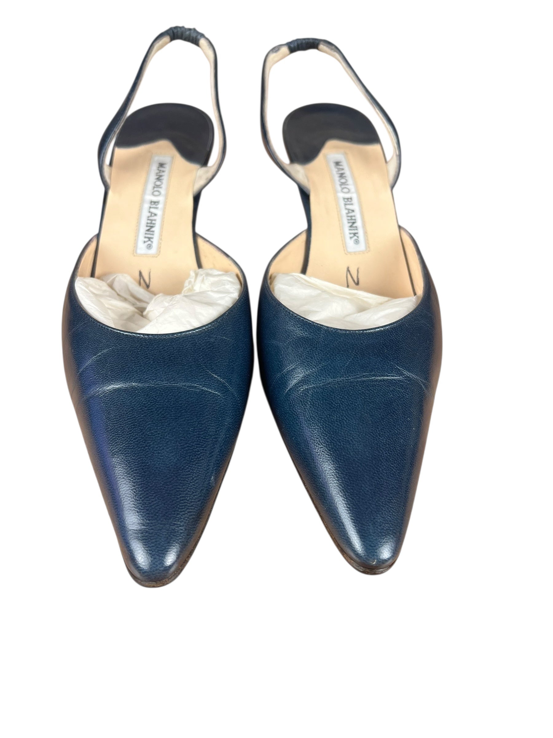 Manolo Blahnik Navy Blue Leather Slingback Kitten Heels
