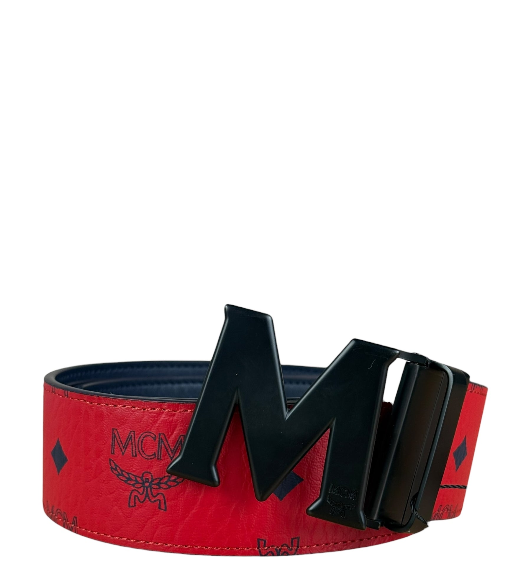 MCM Red Leather Anagram M Buckle belt