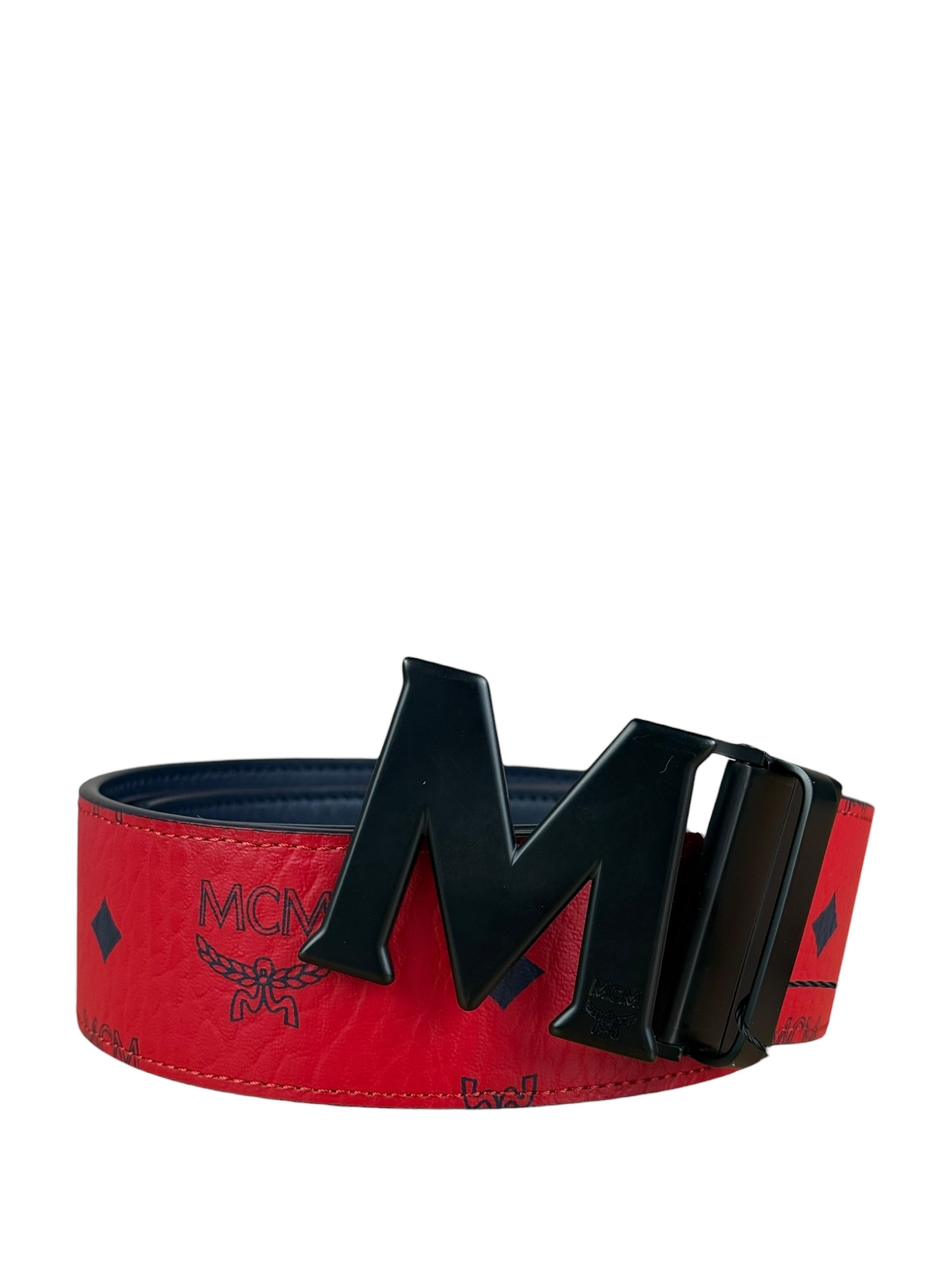 MCM Red Leather Anagram M Buckle belt