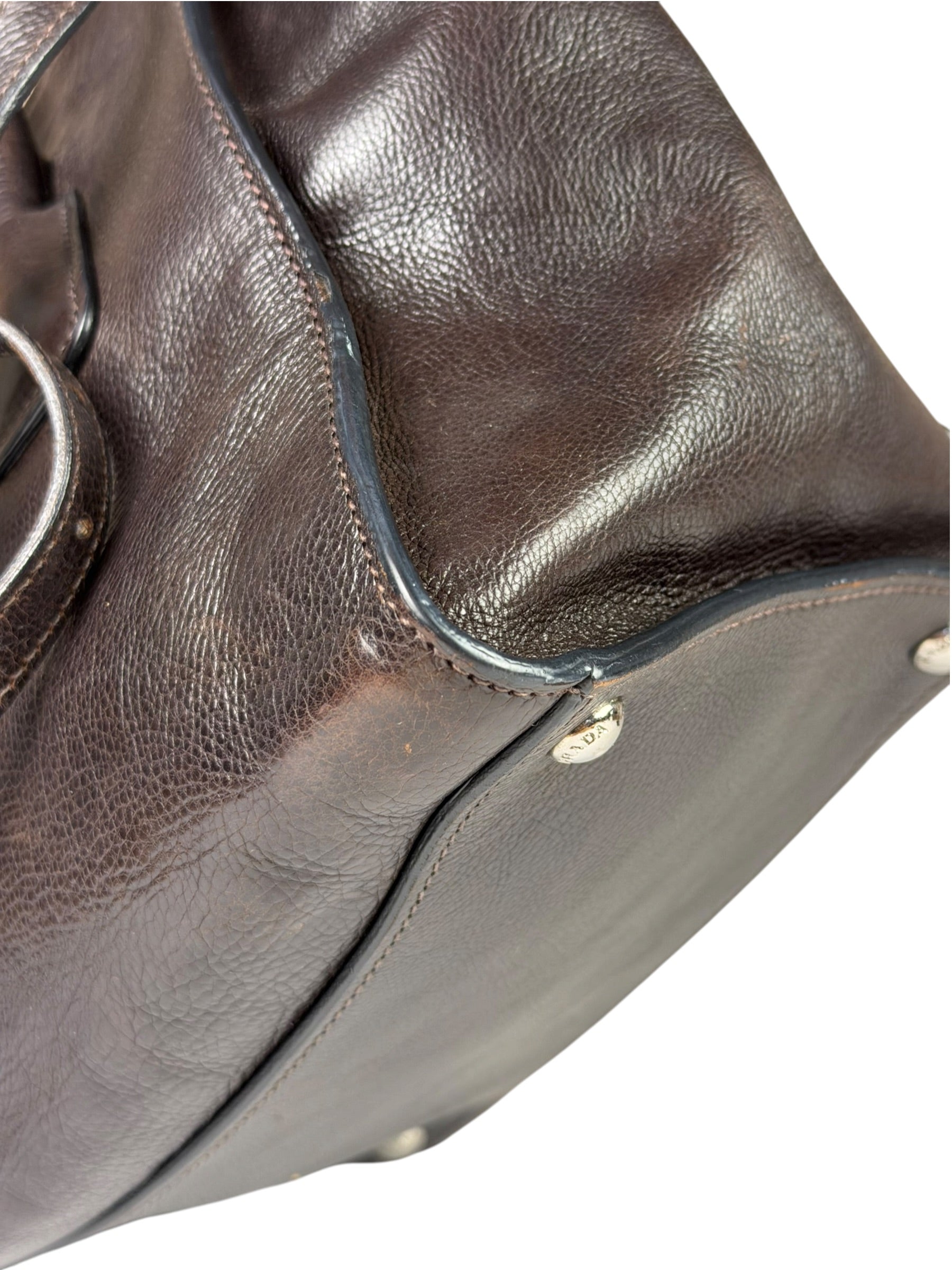 Prada Dark Brown Calf Leather Glace Twin-Pocket Tote