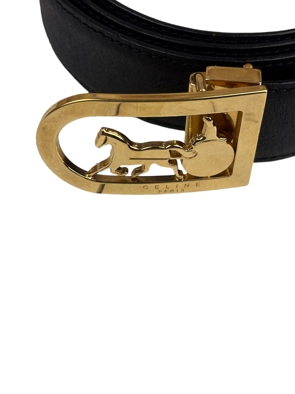 Celine Black Leather Horse & Carriage Buckle Belt