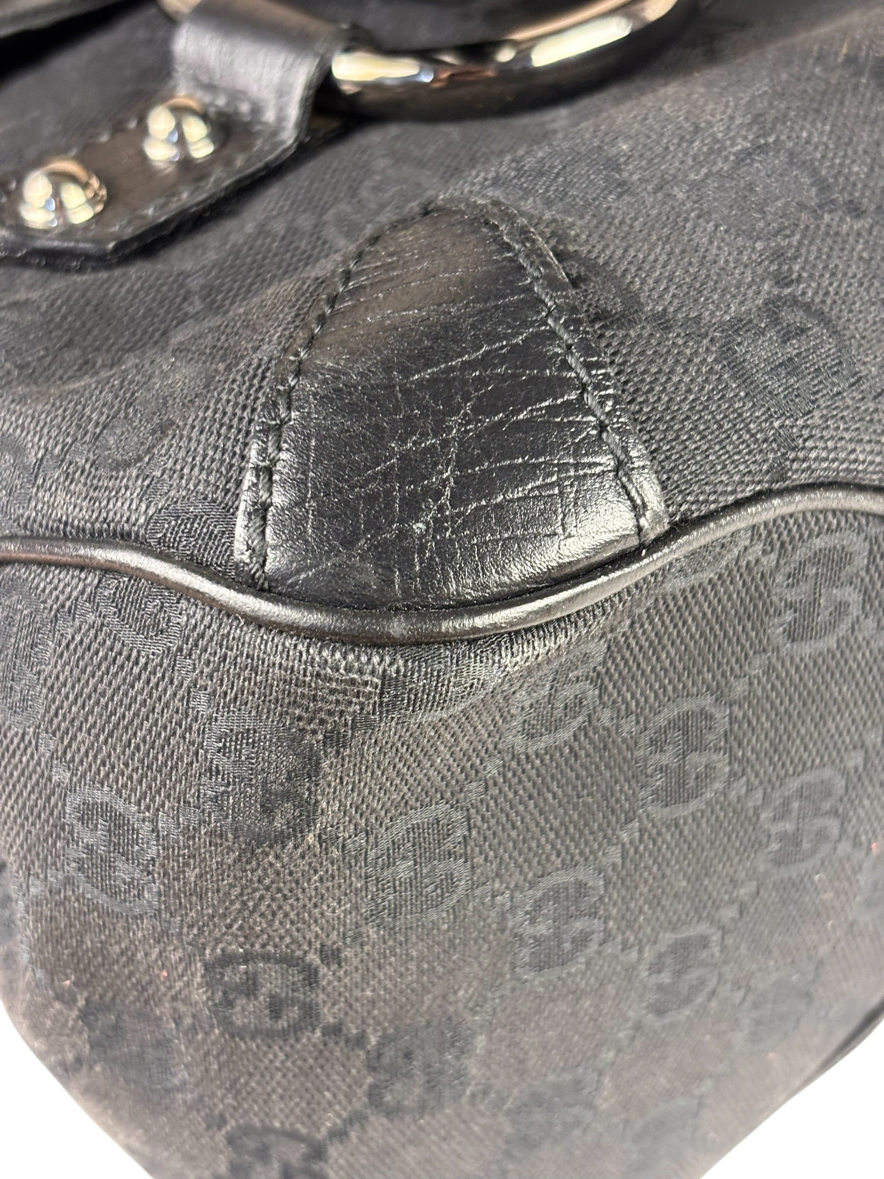Gucci Black Leather Trim GG Horsebit Shoulder Bag