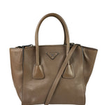 Prada Neutral Taupe Glace Calf Twin Pocket Two-Way Tote