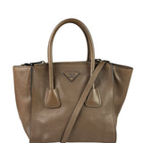 Prada Neutral Taupe Glace Calf Twin Pocket Two-Way Tote
