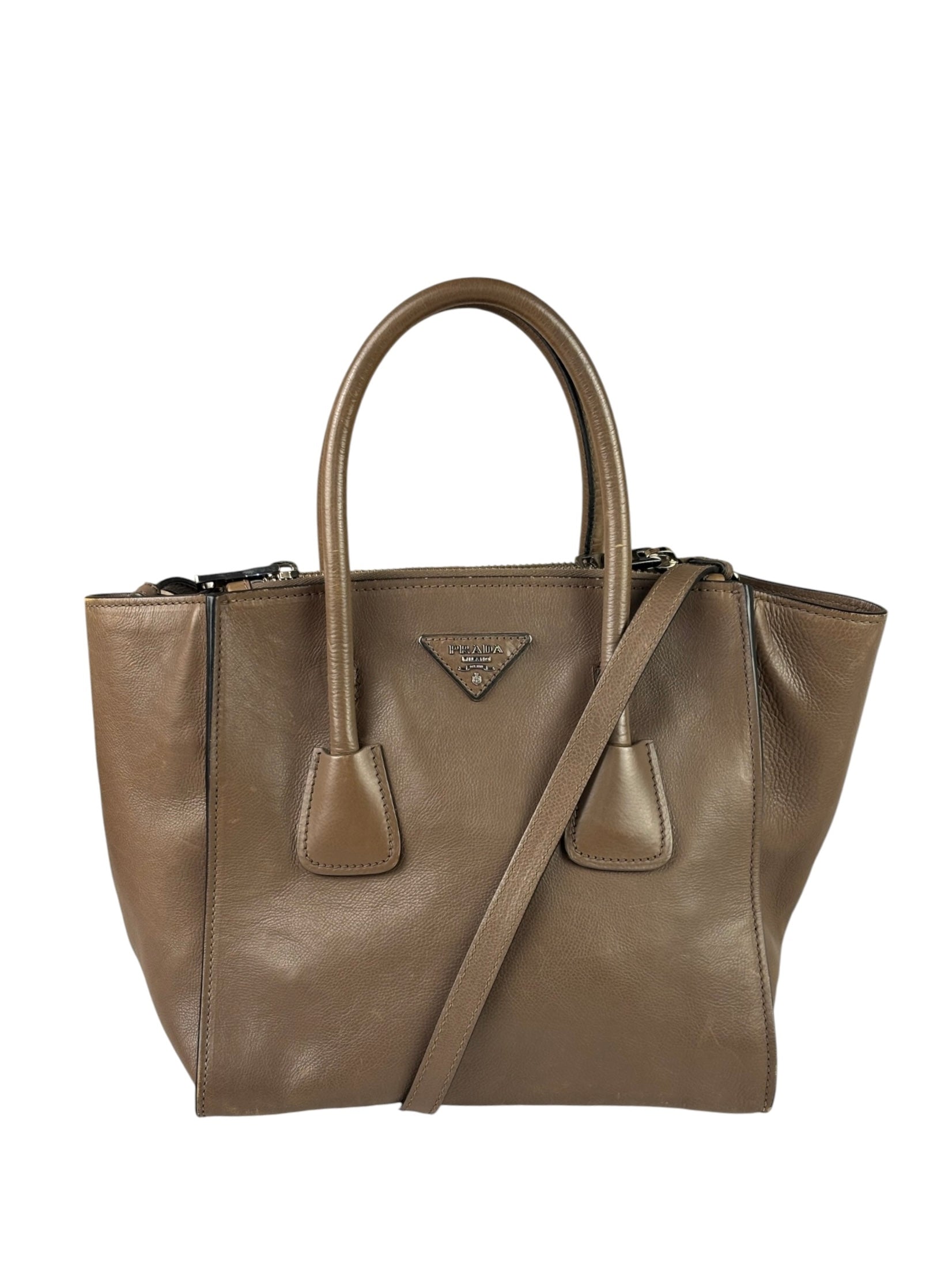 Prada Neutral Taupe Glace Calf Twin Pocket Two-Way Tote