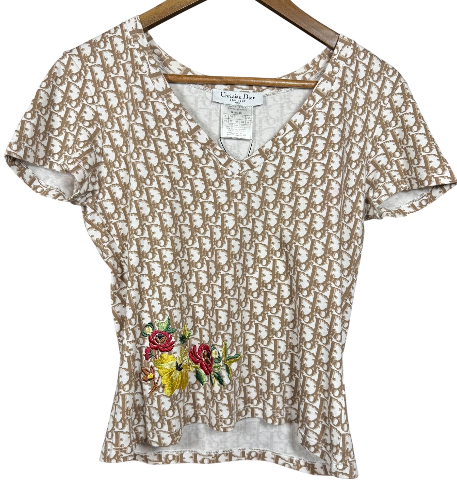 Christian Dior Vintage Beige Trotter Floral V-Neck Top