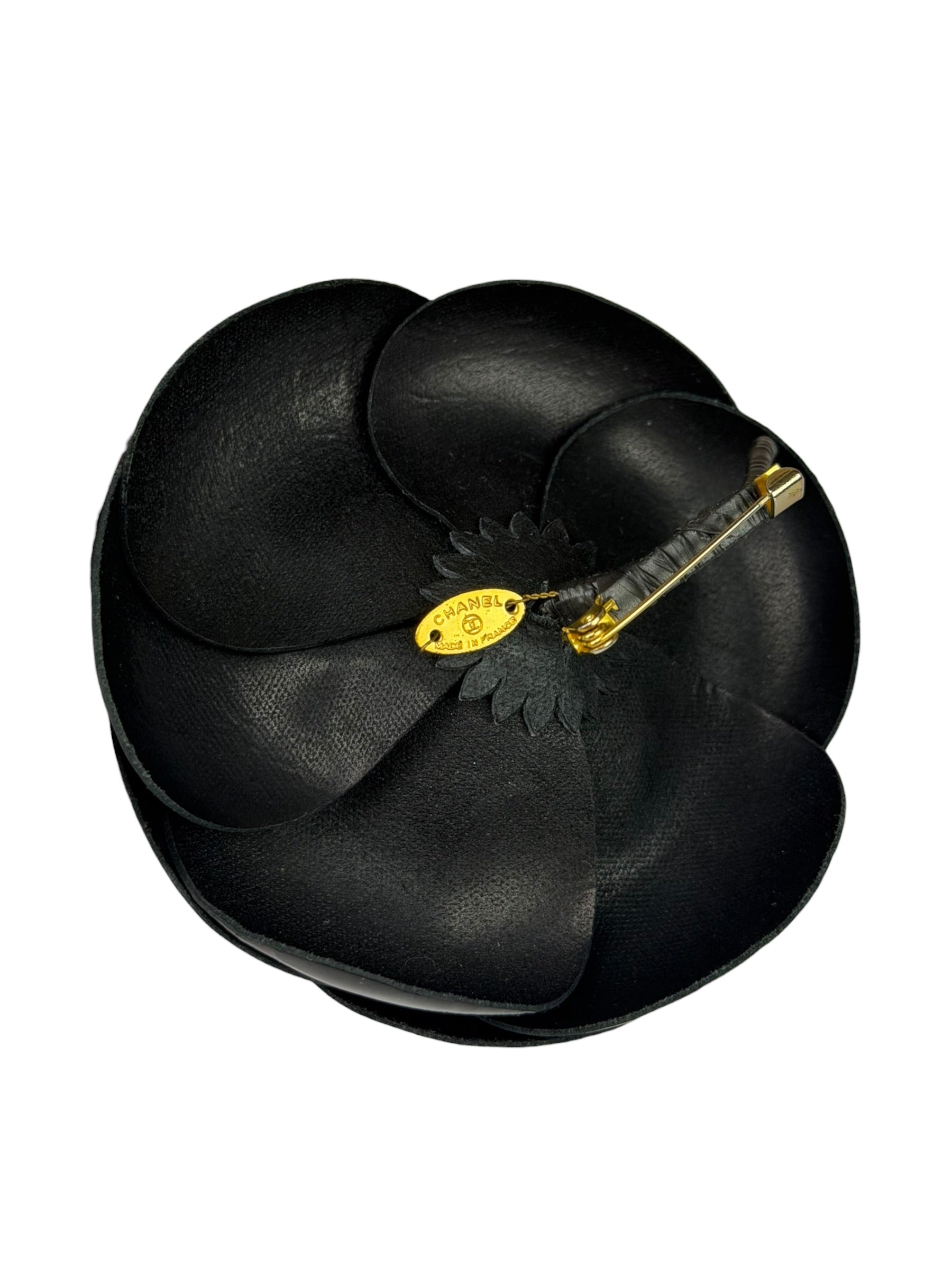 Chanel Vintage Black Leather Camellia Flower Brooch