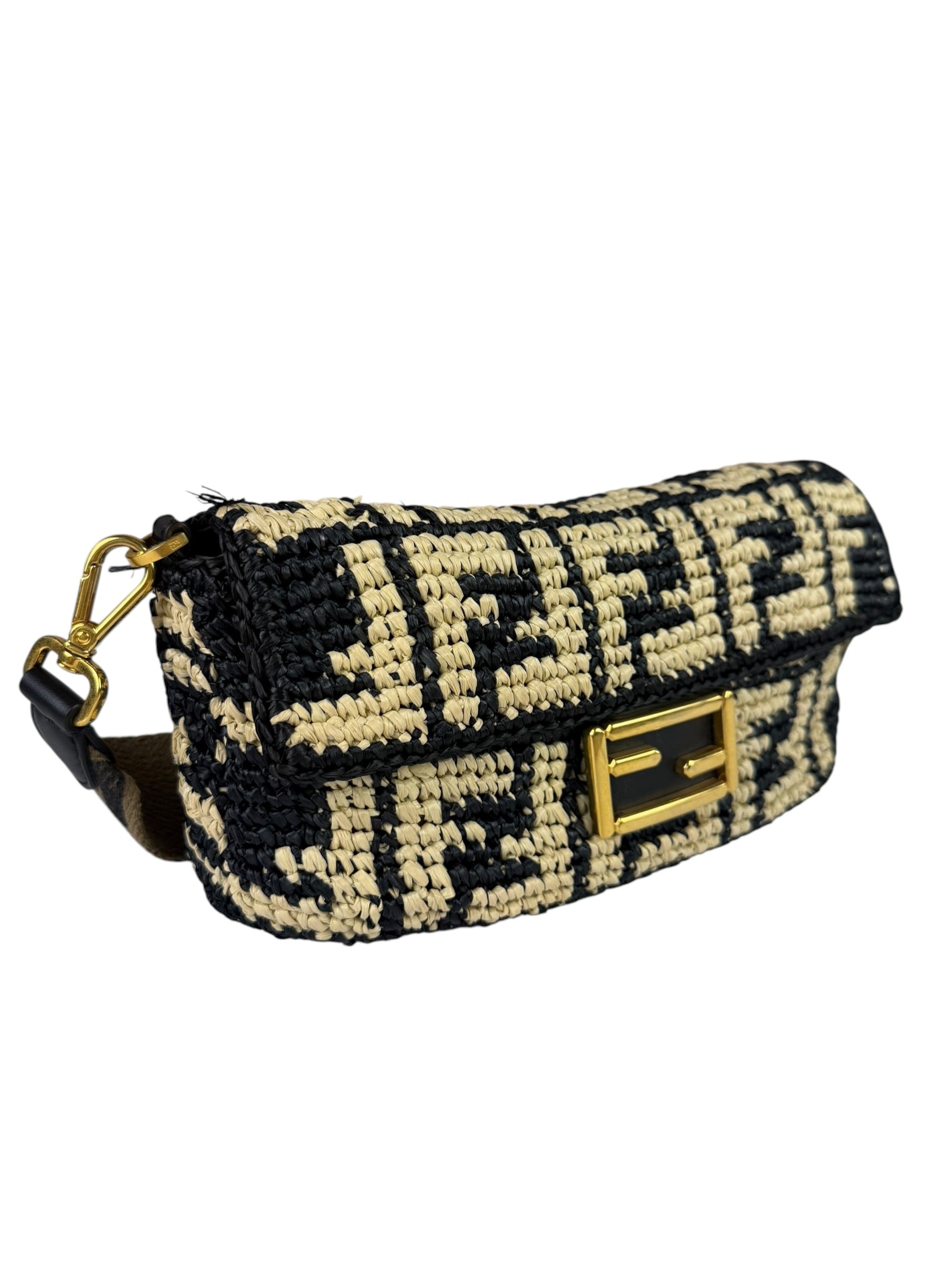 Fendi Black Raffia Zucca Shoulder Baguette