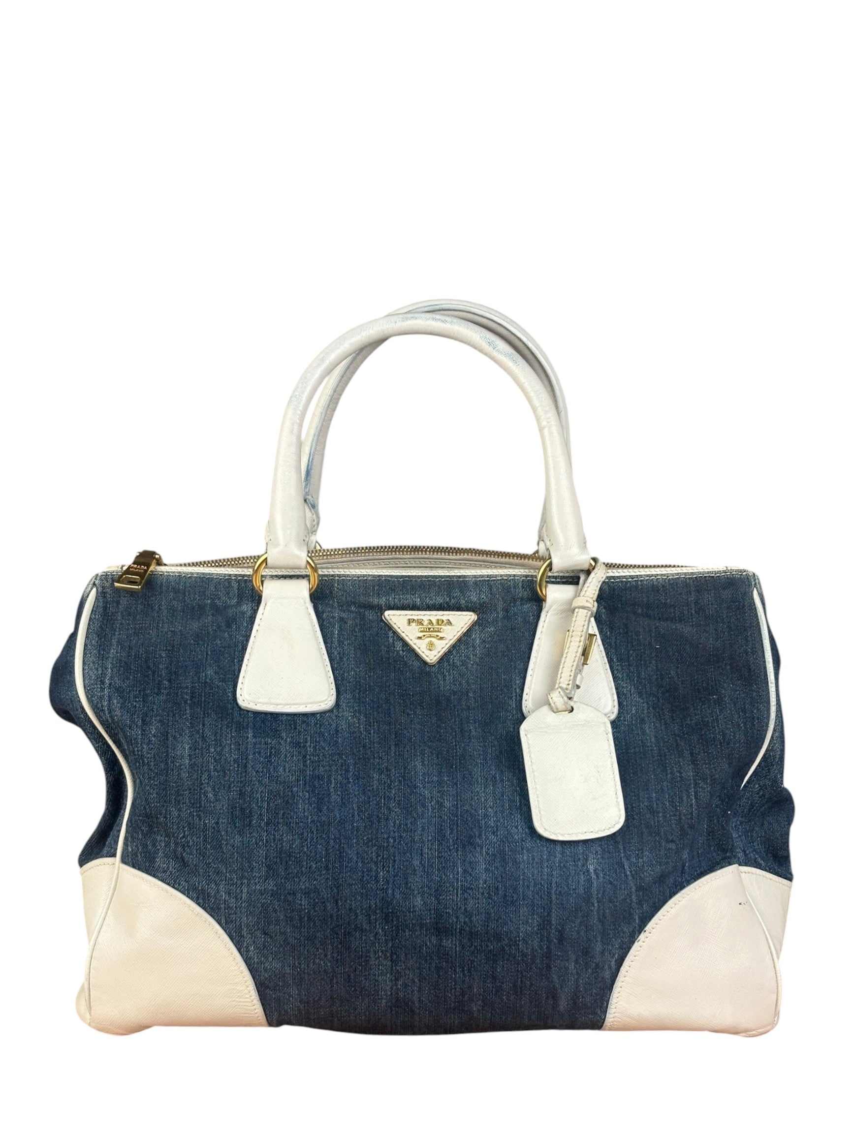 Prada Denim White Leather Trim Saffiano Handbag