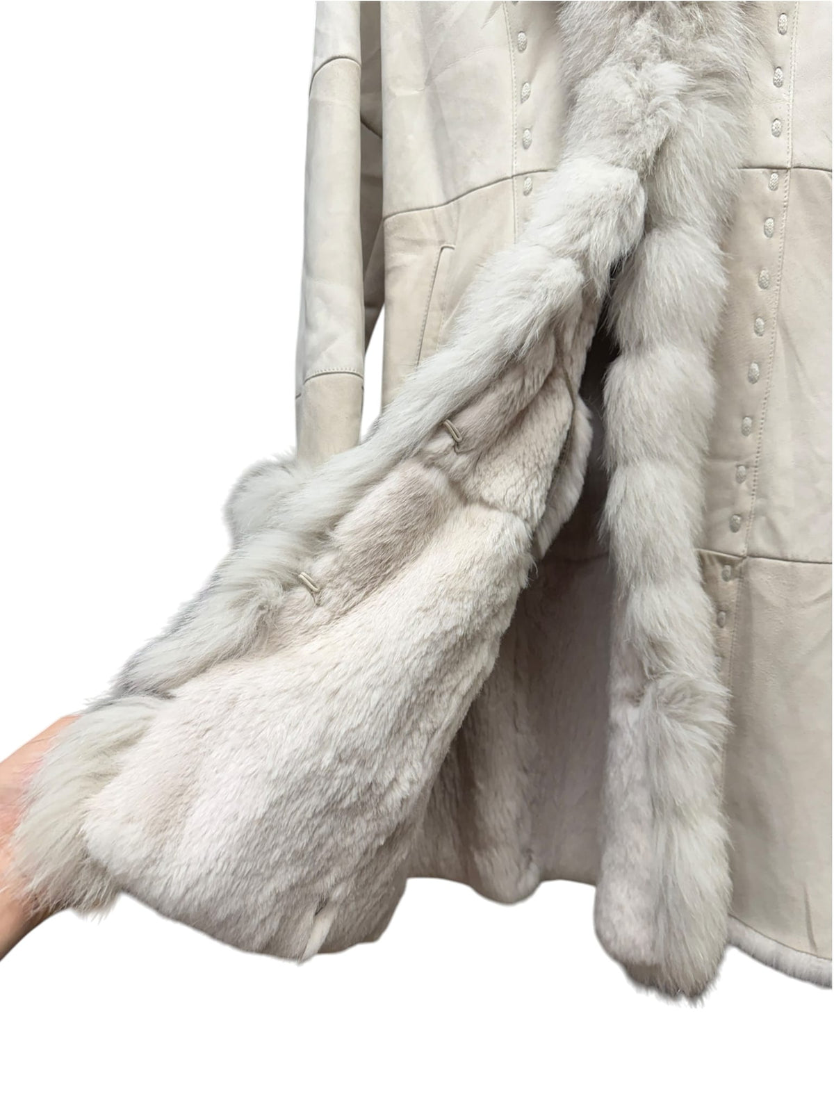 Vintage Bellucci Platinum Beige Suede Rabbit/Blue Fox Fur Long Coat