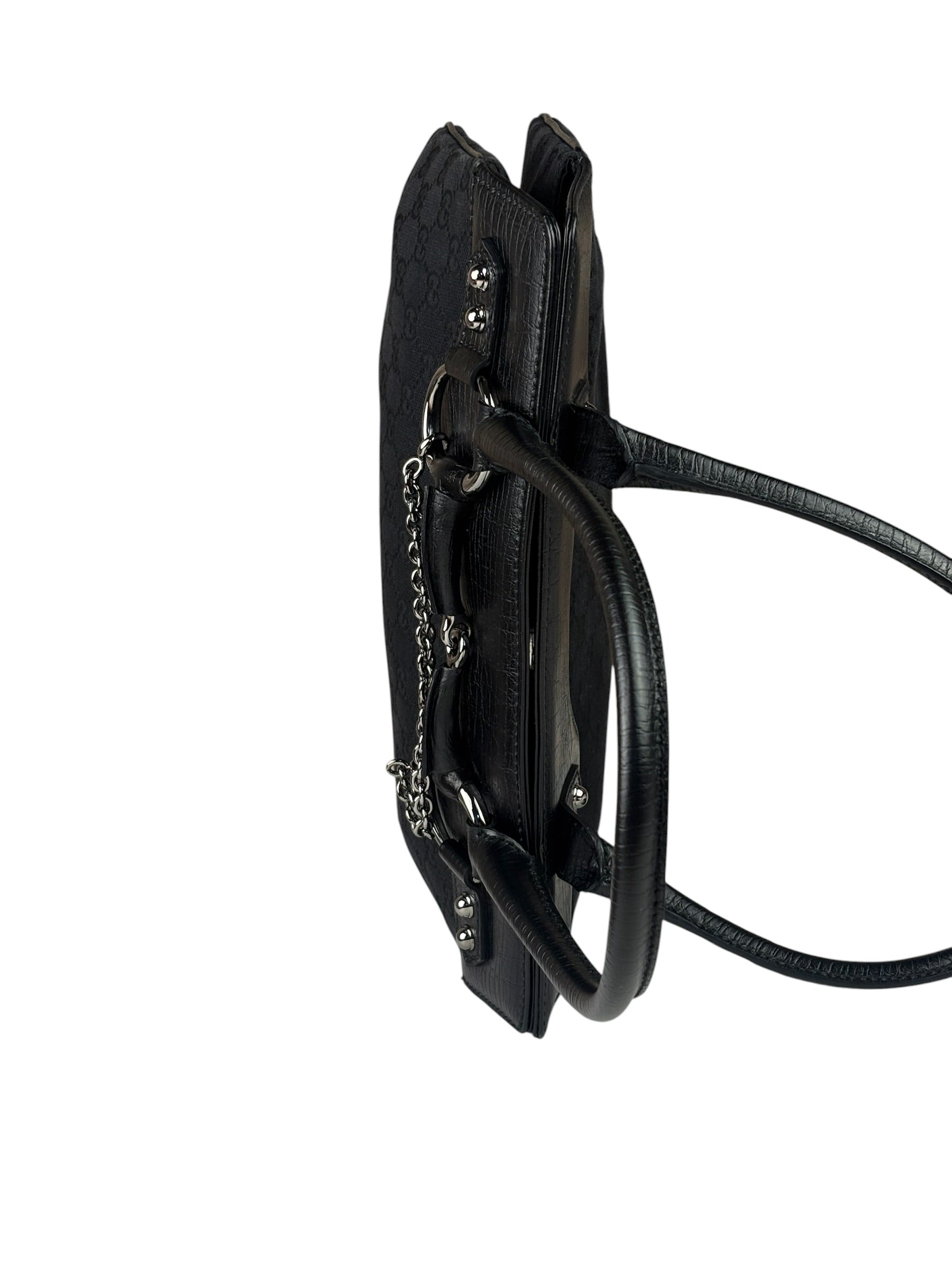 Gucci Black Leather Trim GG Horsebit Chain Shoulder Bag