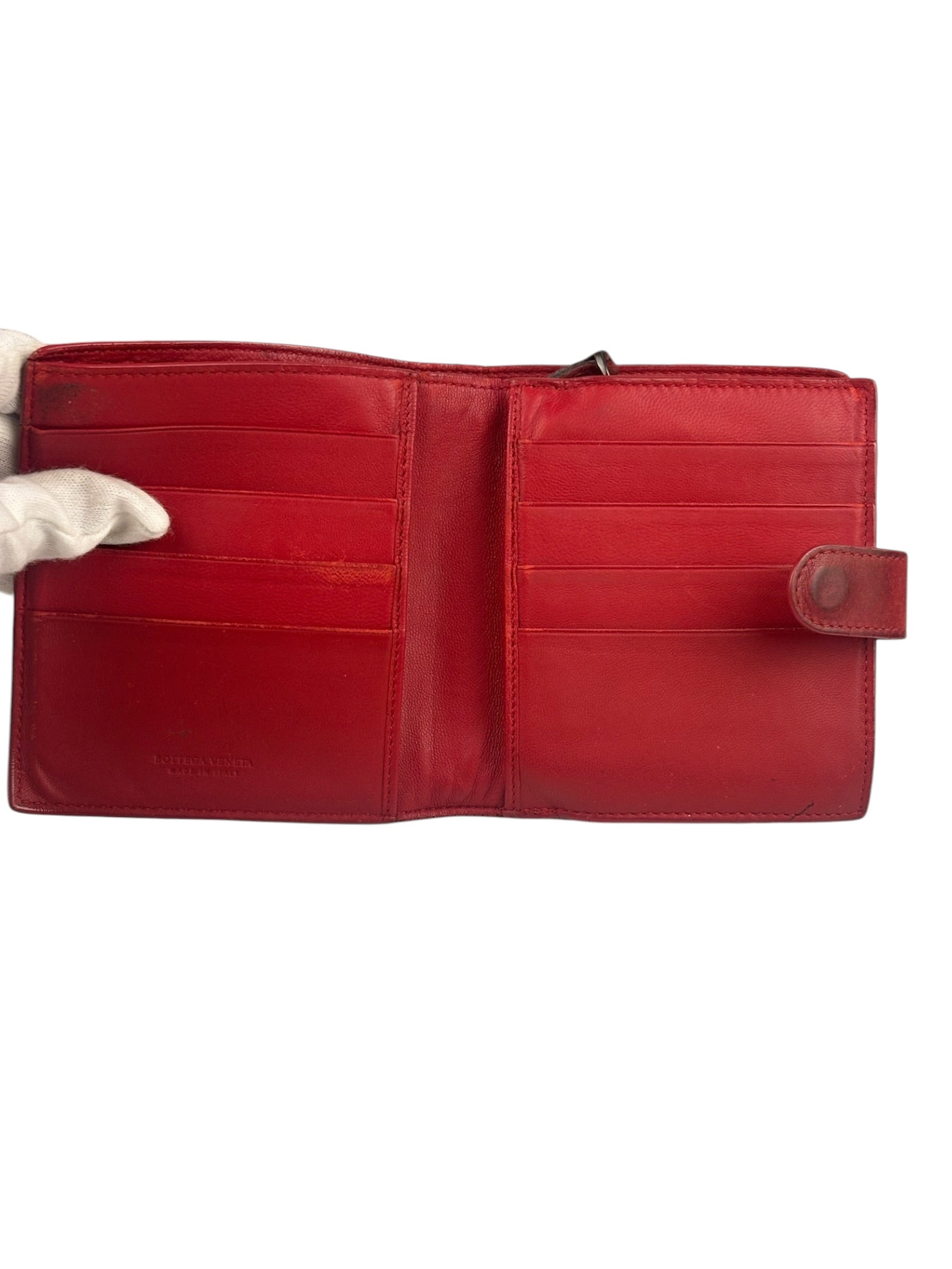 Bottega Veneta Red Leather Nappa Intercciato French Compact Wallet