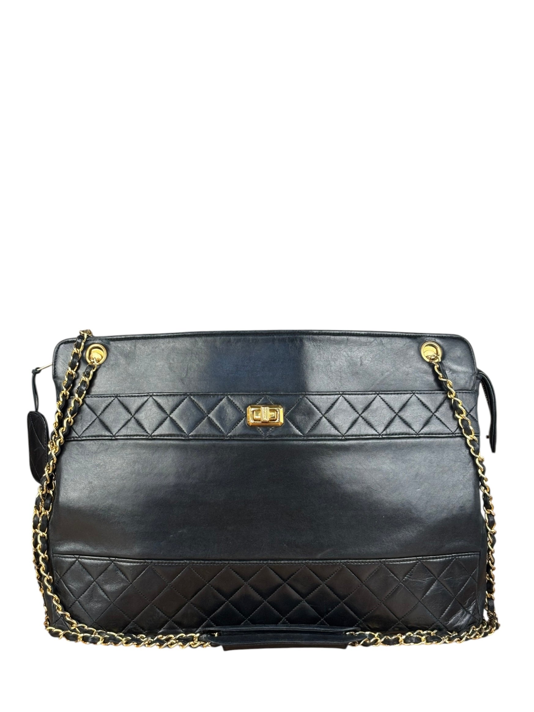Chanel Vintage Black Quilted Leather Grand Shopping Tote/Shoulder Bag-1990