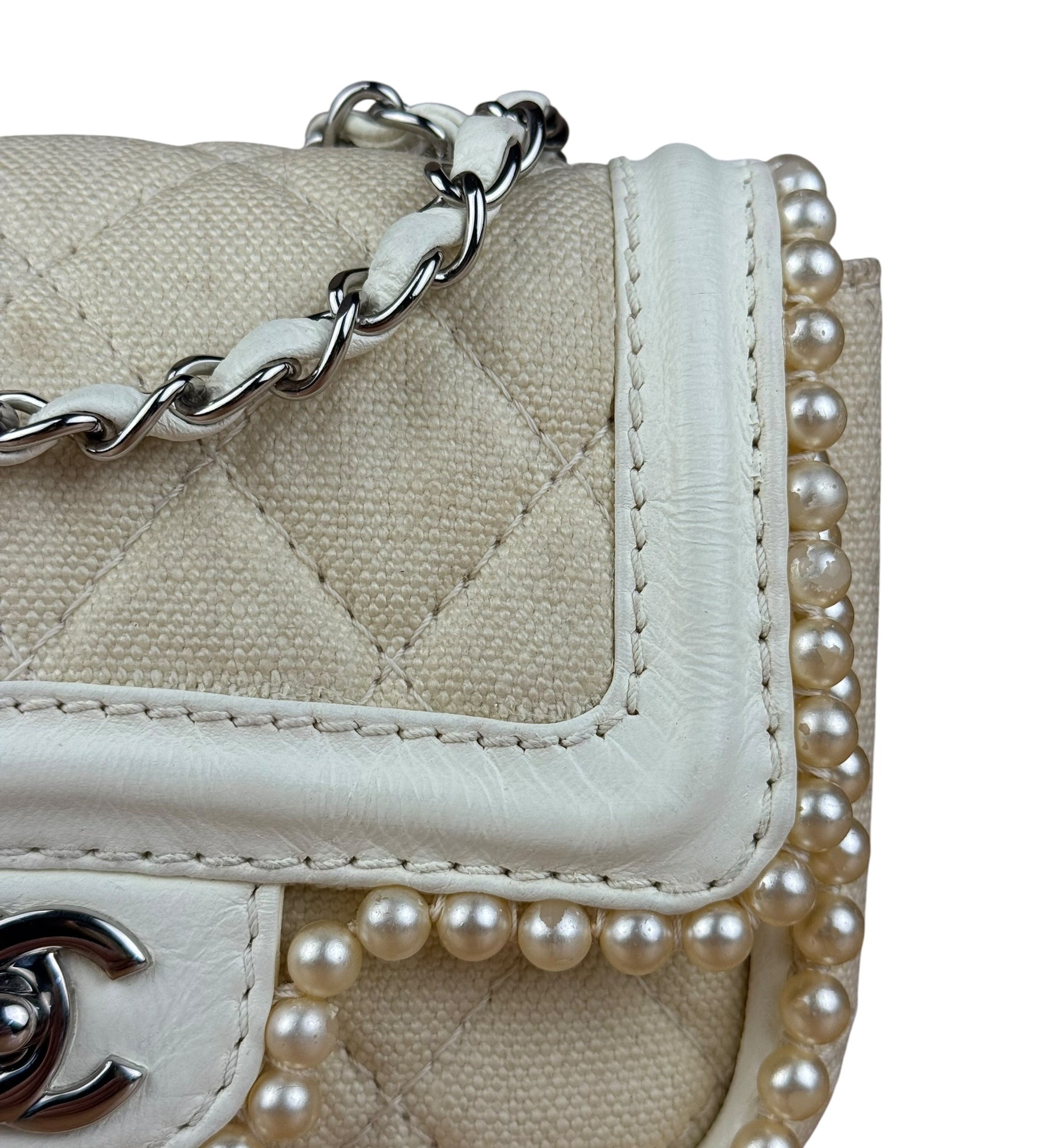 Chanel White Leather/Canvas Pearl Crossbody Flap 2003