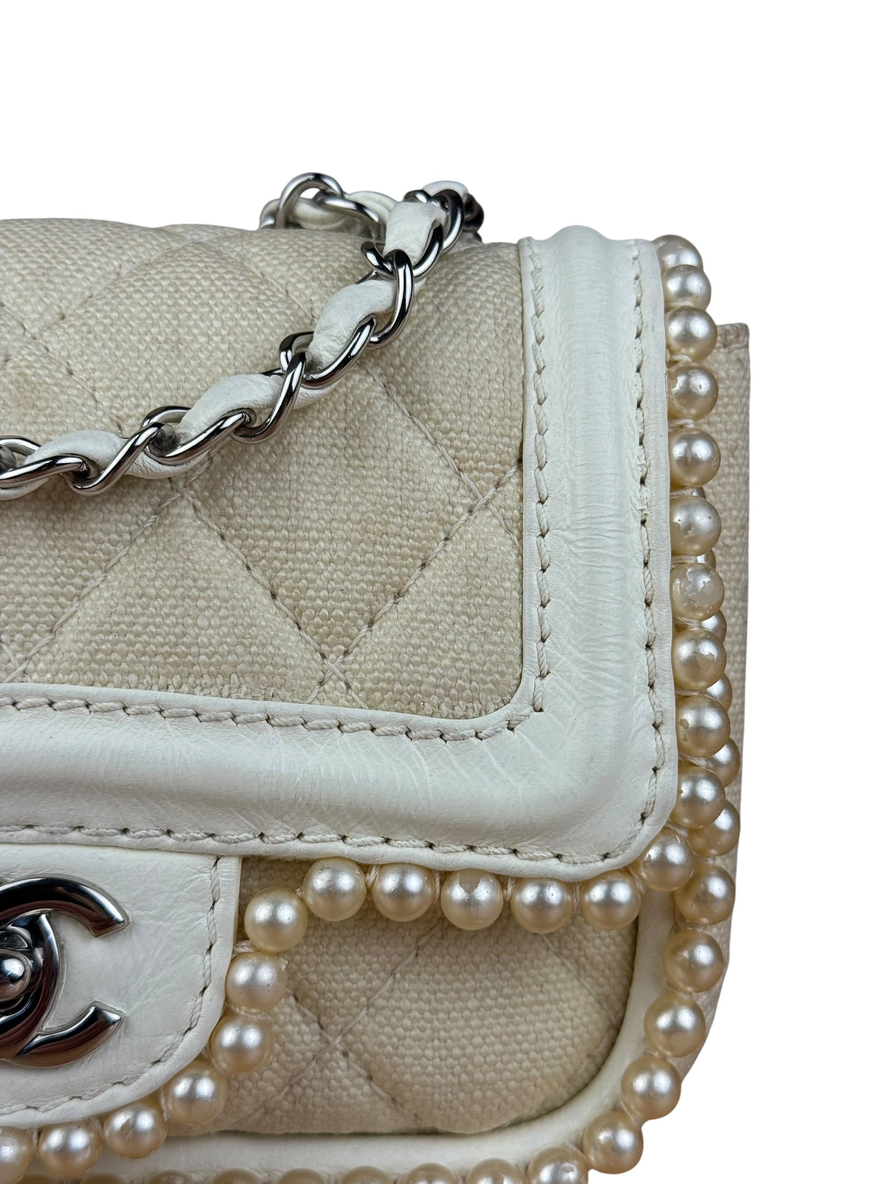 Chanel White Leather/Canvas Pearl Crossbody Flap 2003