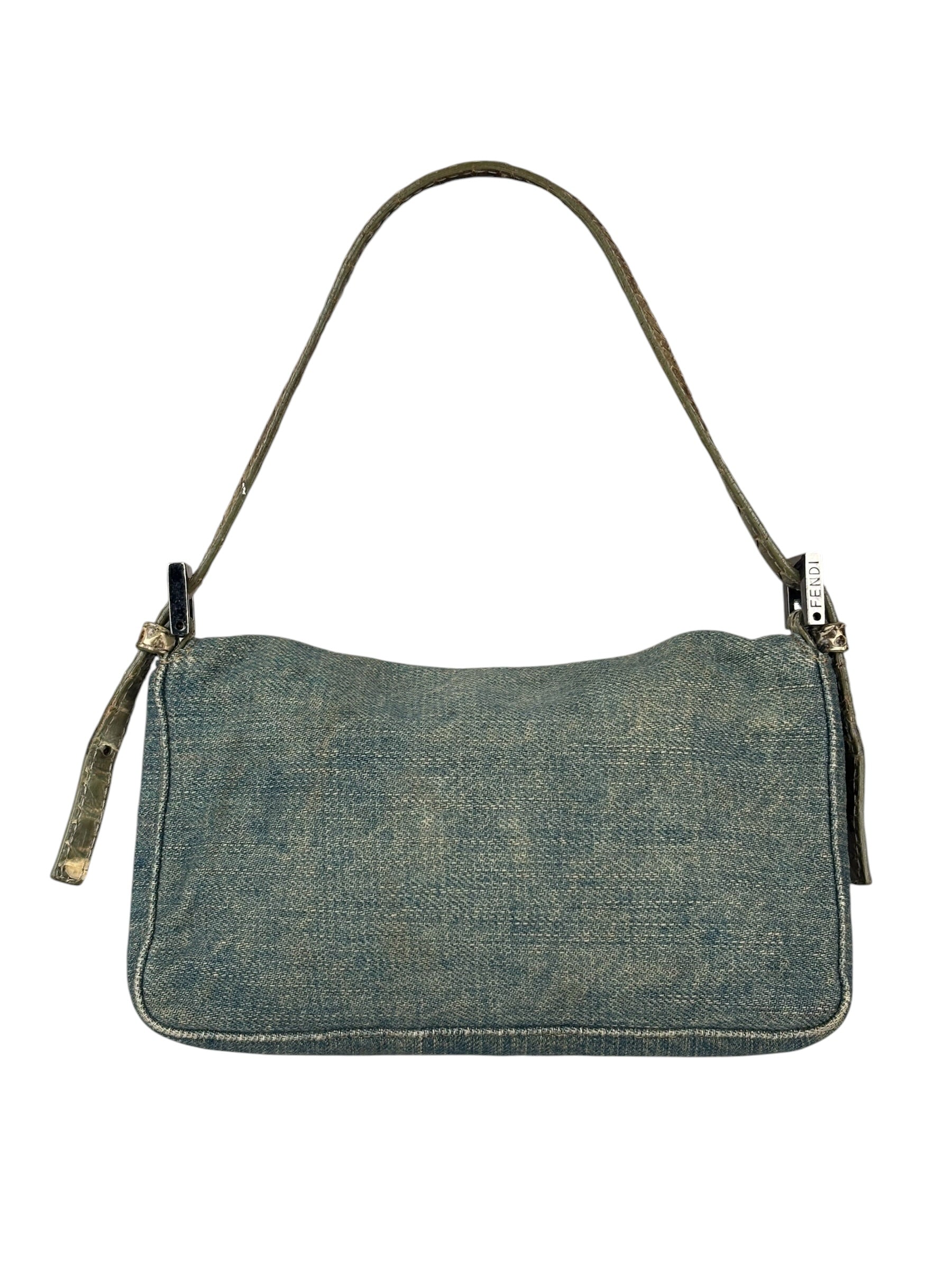 Fendi Denim/Snakeskin Trim Mini Baguette